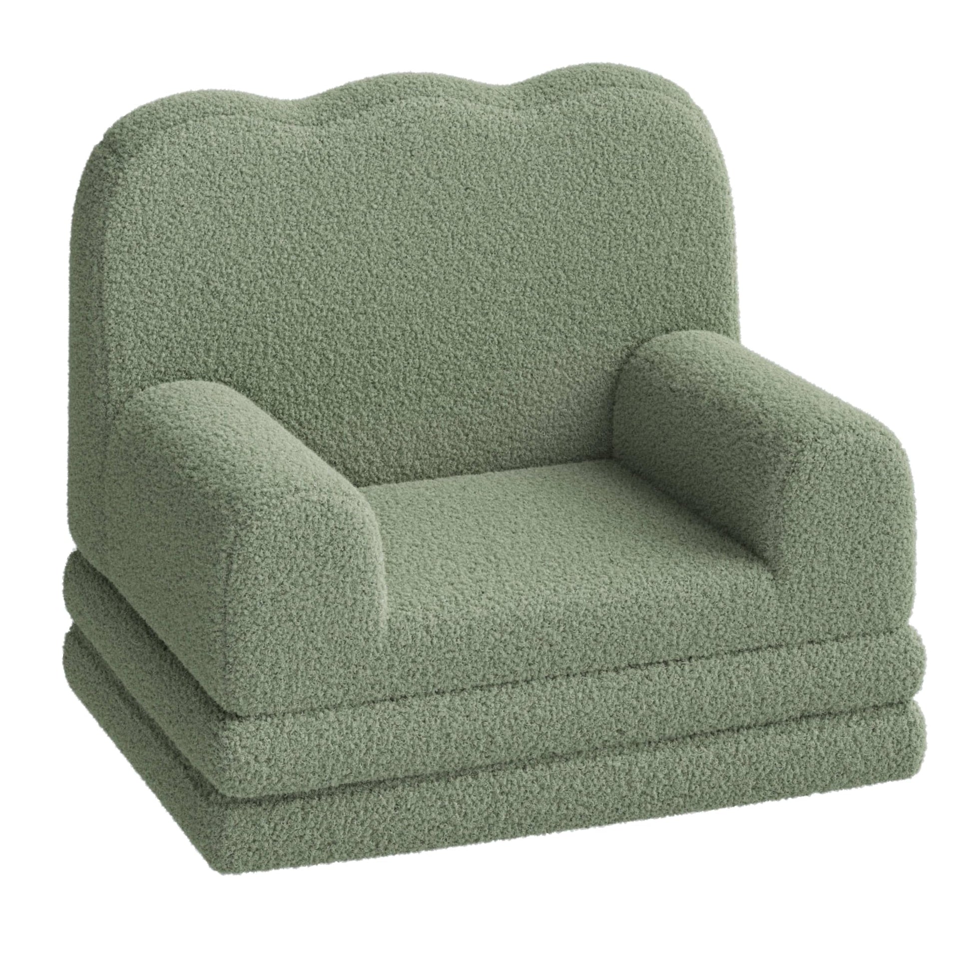 Divano e chaise longue pieghevole 2 in 1 Garvee Kids Couch, schiuma, morbido Sherpa, motivo a onde verdi, sala giochi, leggero, base antiscivolo