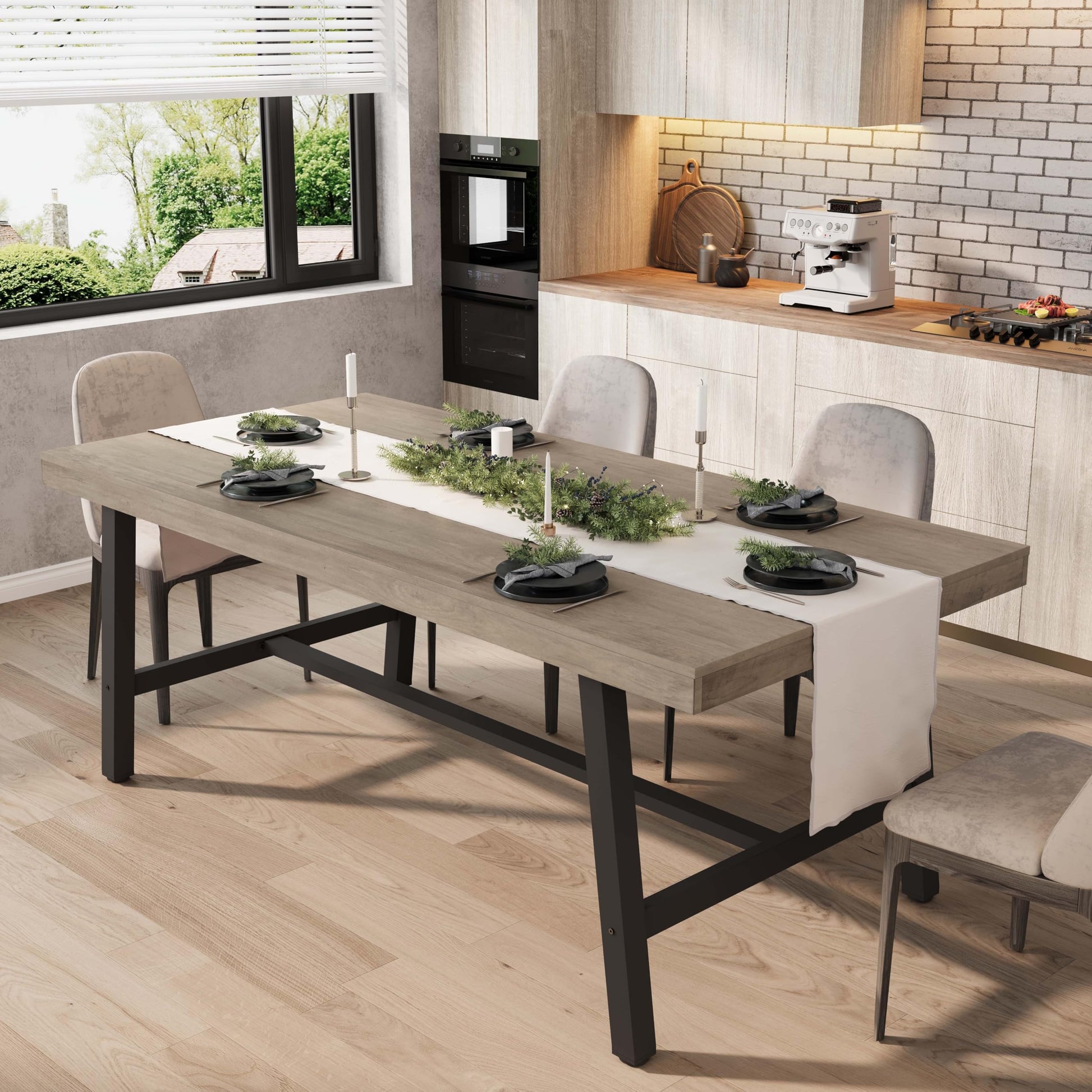 Tavolo da pranzo industriale Garvee per 6-8 persone con robusta struttura in metallo, gambe regolabili, legno da 70,87", finitura marrone rustico, per cucina e sala da pranzo