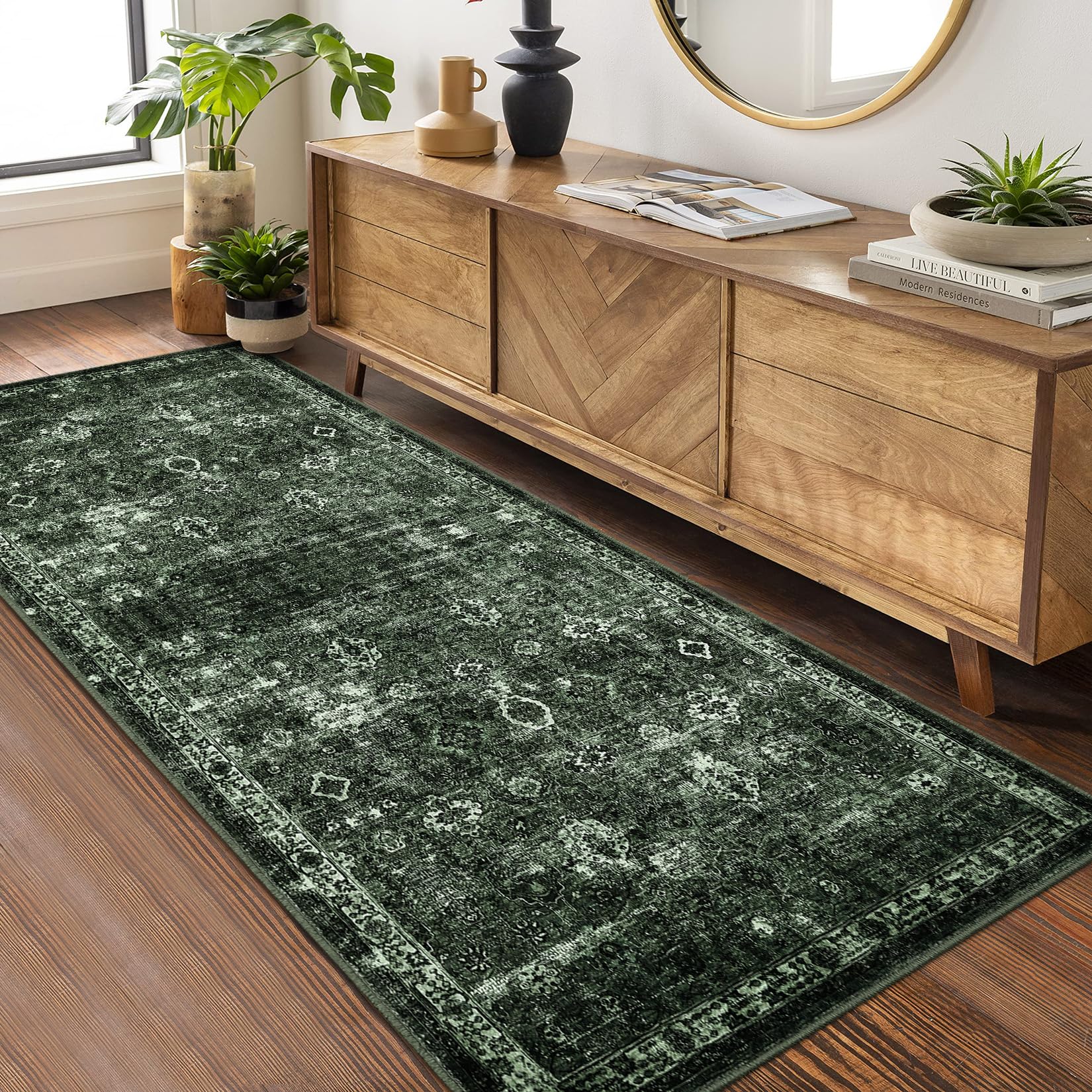 Tappeto antiscivolo a pelo corto Garvee Boho per cucina, corridoio, camera da letto, 80x150 cm, verde scuro vintage