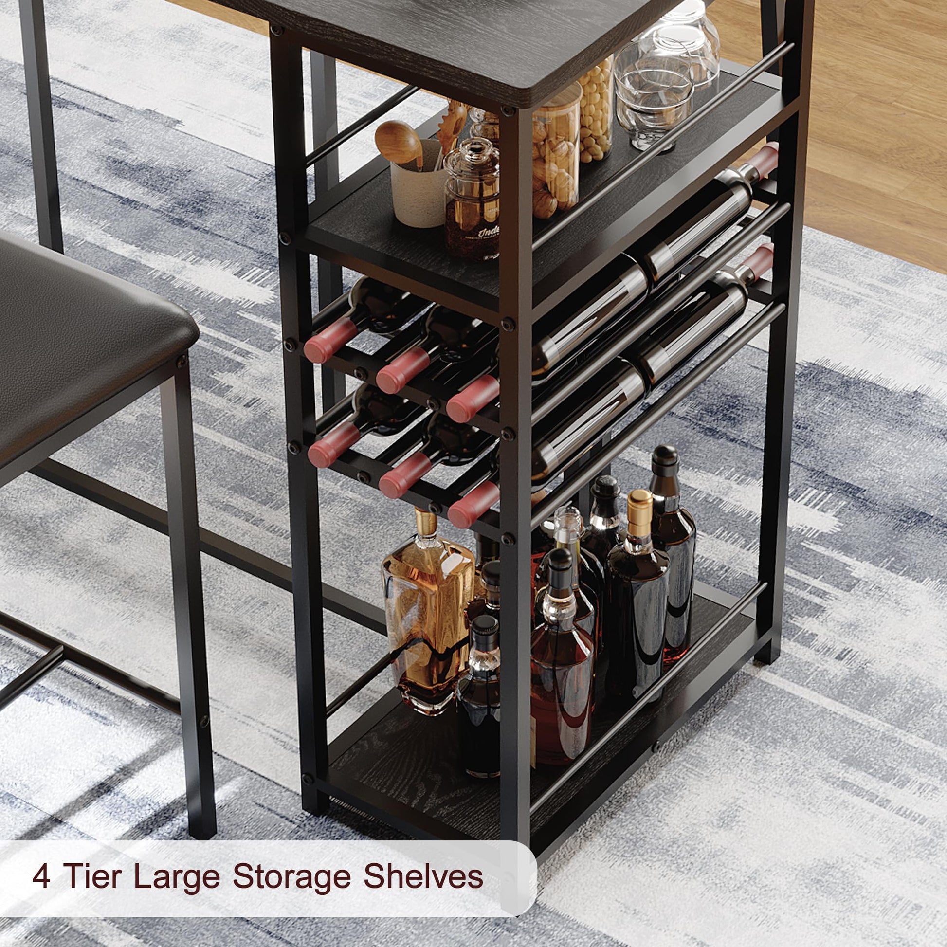 Tavolo da pranzo piccolo Garvee per 2 persone con 4 ripiani e portabottiglie, panca imbottita, struttura in acciaio, legno rustico, salvaspazio, cucine e studi piccoli