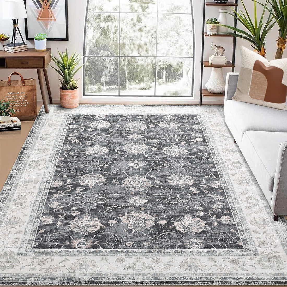 Garvee Vintage Läufer Teppich Waschbar Rutschfest Wasser- & Schmutzabweisend 140x200 cm Schwarzton Wohnzimmer Schlafzimmer Büro