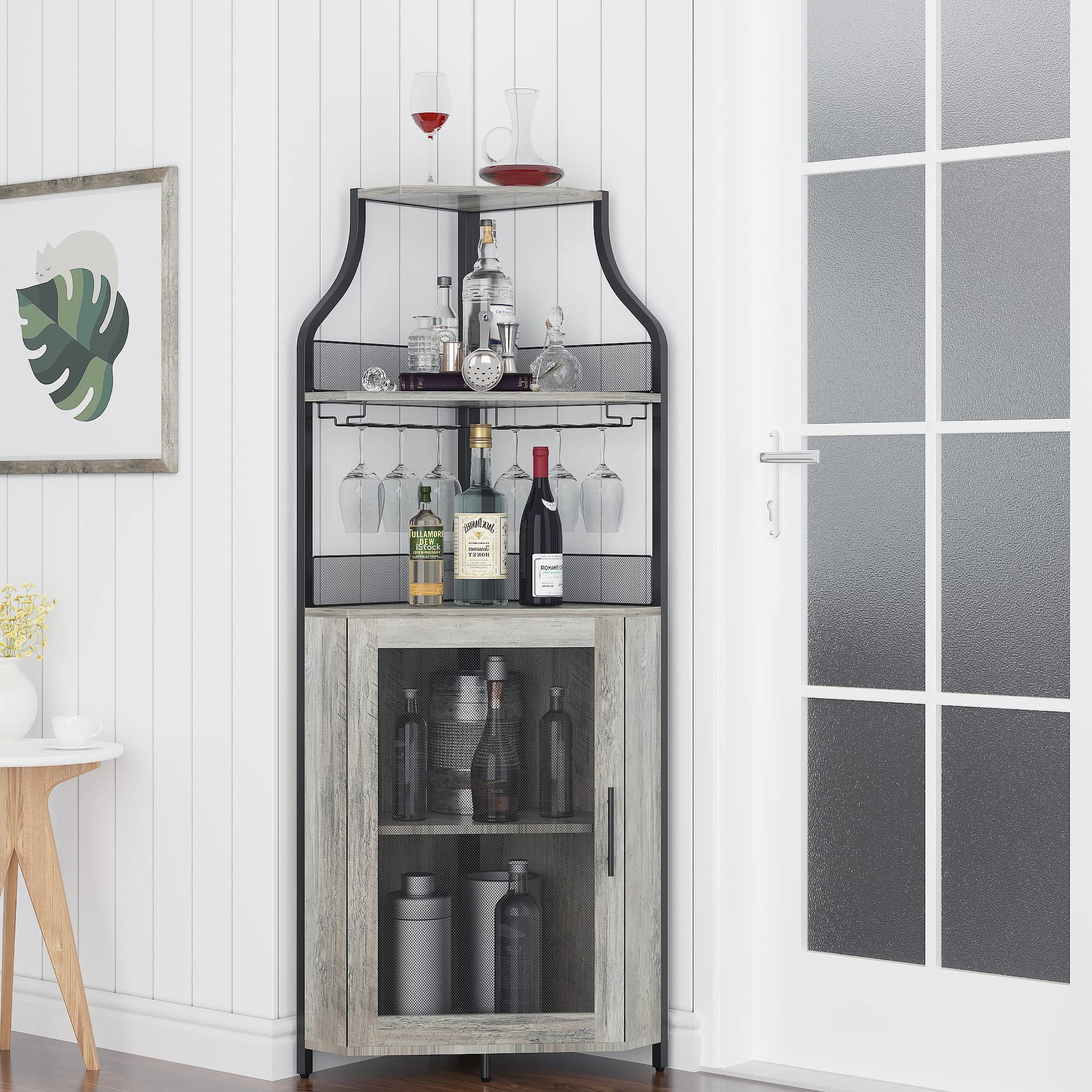 Mobiletto angolare Garvee con 5 ripiani, ripiani regolabili, MDF e metallo, anta a battente, grigio, per cucina e sala da pranzo, 47 x 45 x 152 cm