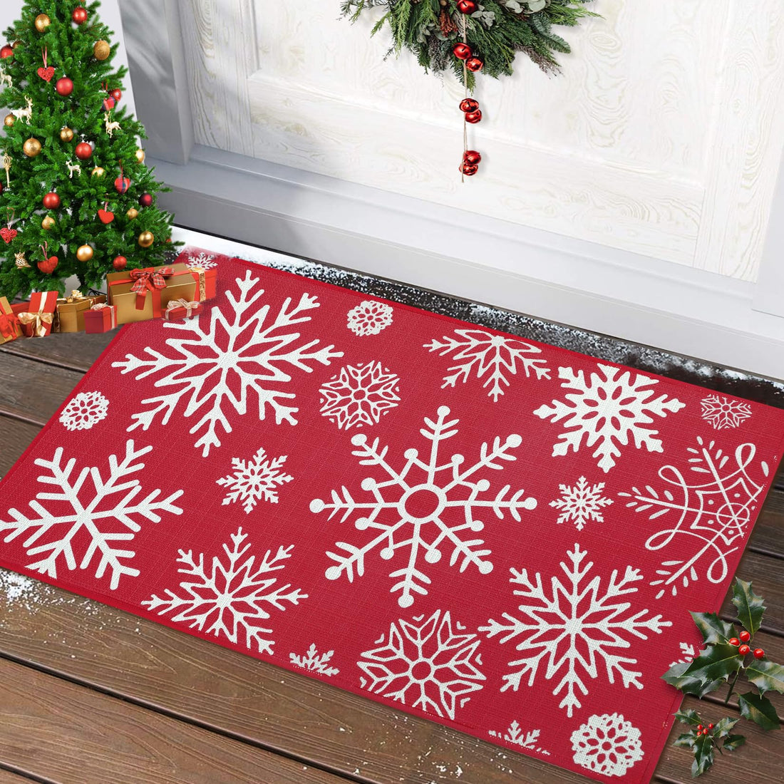 Zerbino natalizio Garvee 50 x 80 cm, rosso, lavabile, antiscivolo, con motivo a fiocco di neve