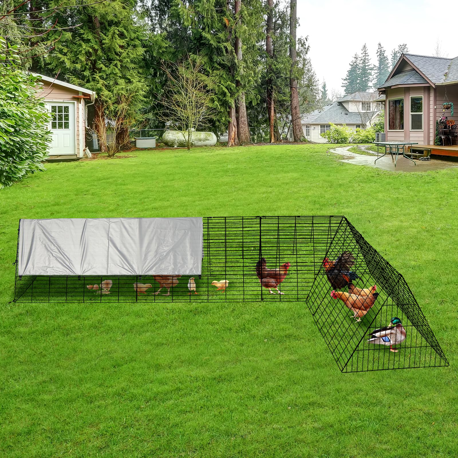Garvee Mobile Chicken Run con copertura, struttura in acciaio, telone impermeabile per giardino e cortile, telaio angolare regolabile, recinto sicuro all'aperto, robusto e versatile