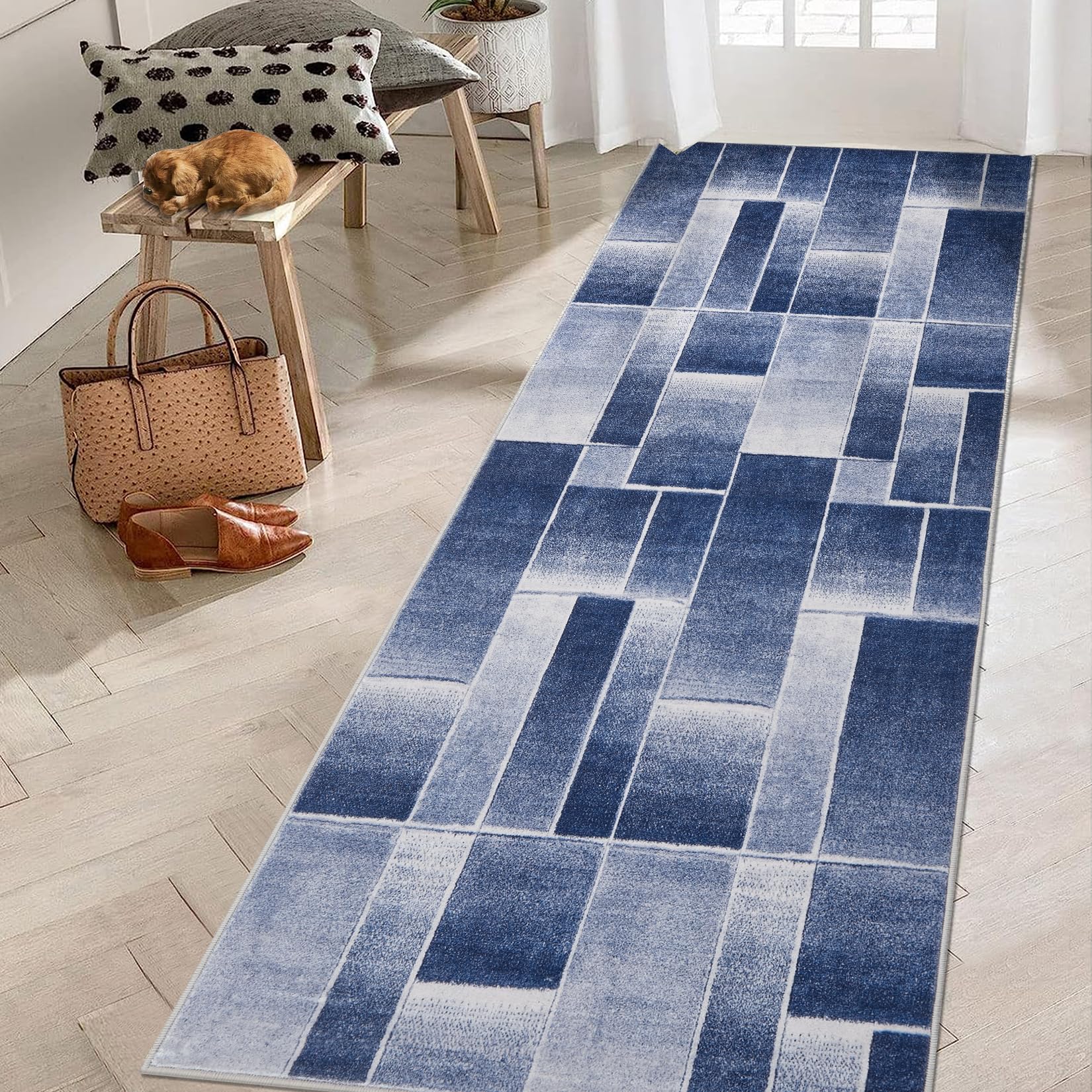 Tappeto Garvee lavabile a pelo corto blu 80x150cm per soggiorno, camera da letto, cameretta dei bambini