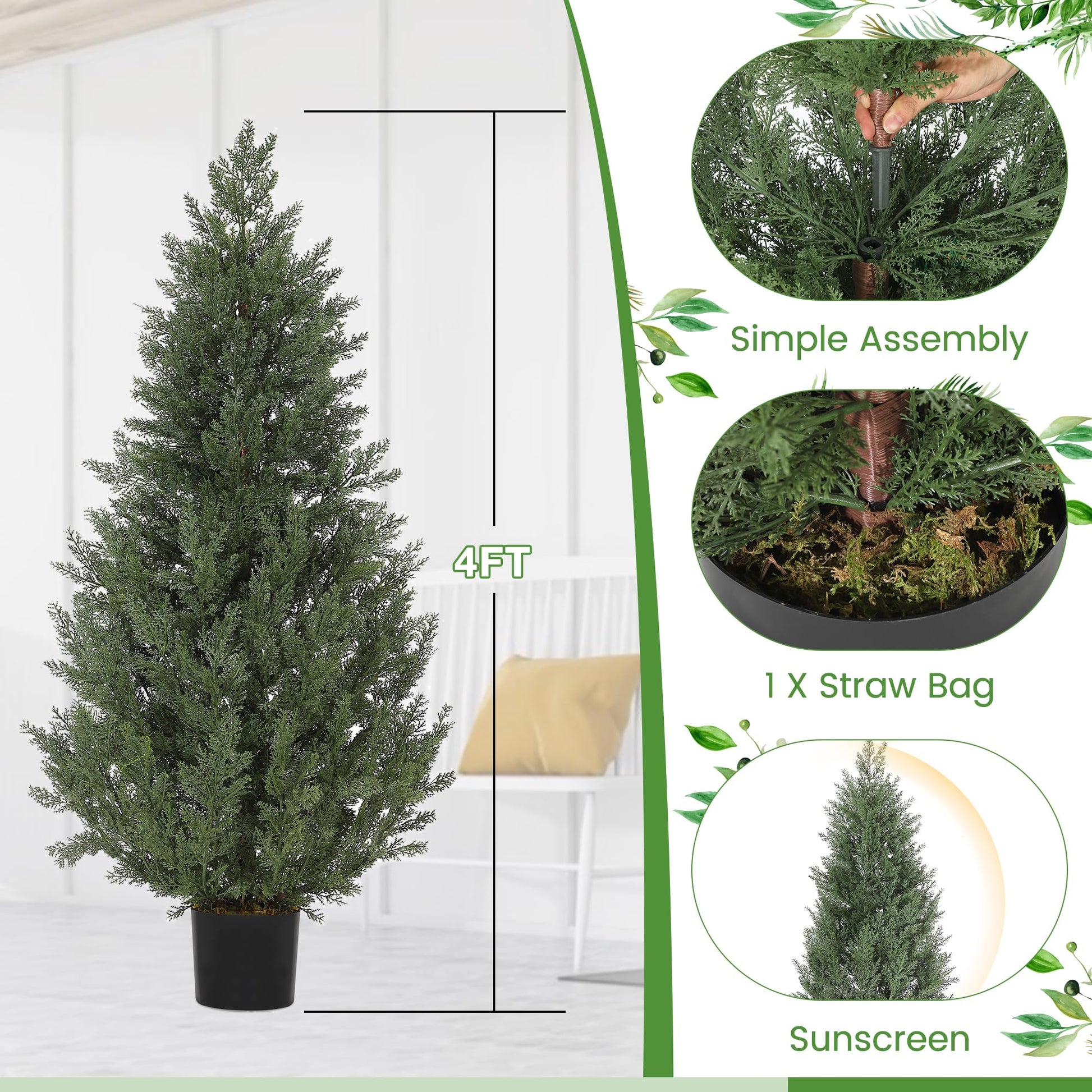Garvee Set di 4 piedi di albero artificiale in cedro topiario, resistente ai raggi UV, resistente alle intemperie, materiale PE, 2 pezzi, per giardino e patio, verde