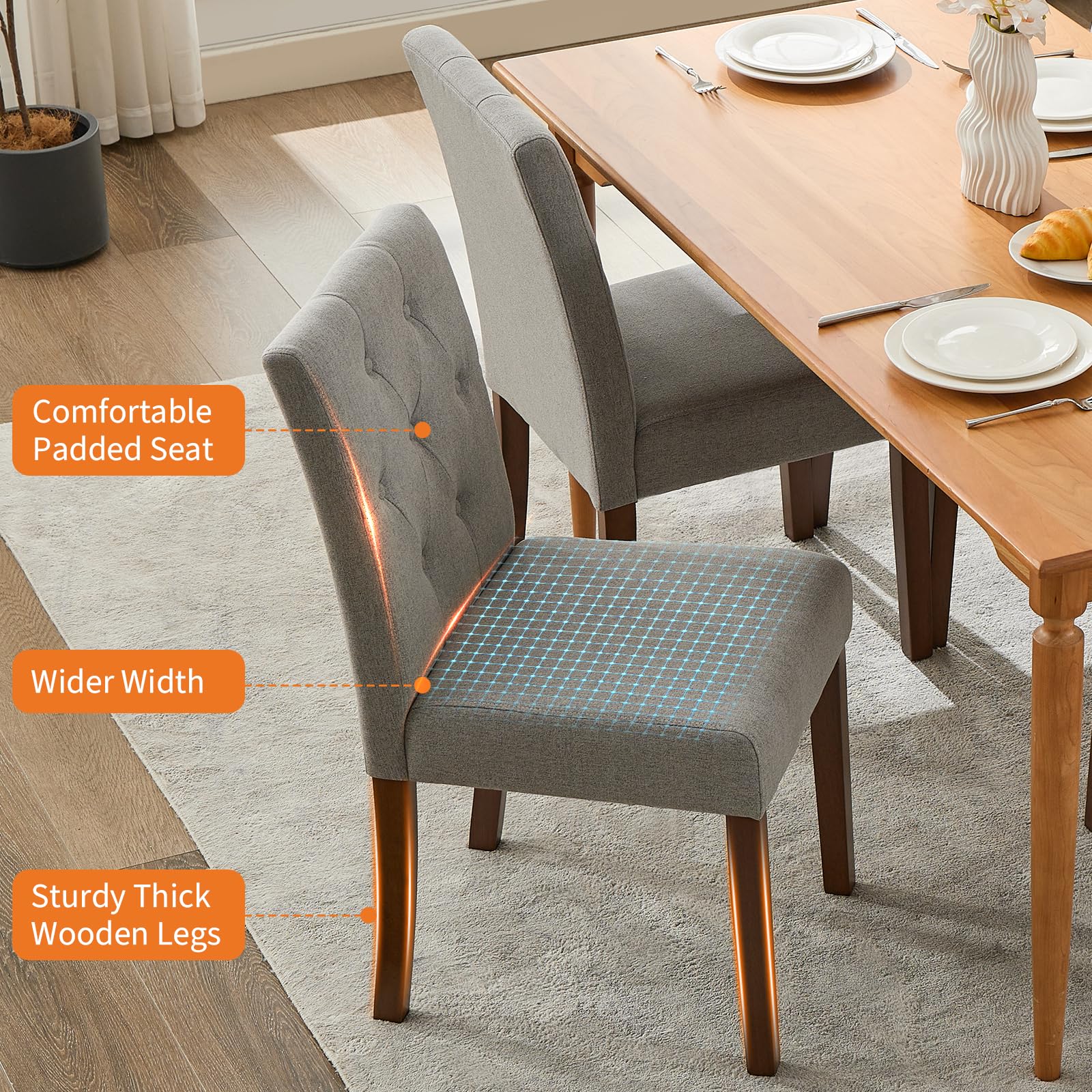 Set di 2 sedie da pranzo imbottite Garvee, design moderno Parsons, tessuto in lino morbido, gambe in legno robusto, supporto ergonomico, grigio, sala da pranzo e bar