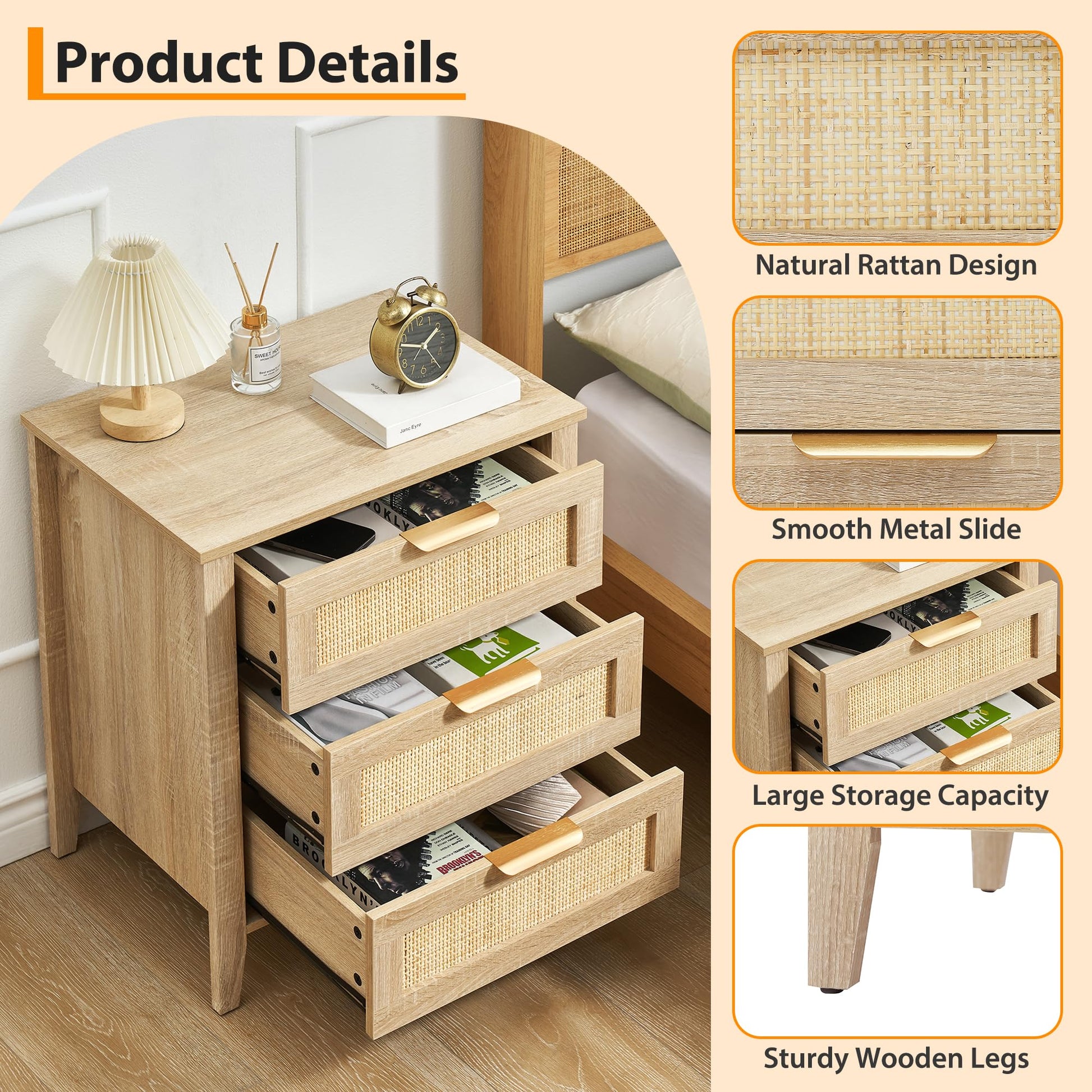 Comodino Garvee in rattan con 3 cassetti in vimini naturale, struttura in legno robusto per camera da letto e soggiorno, moderno, versatile, marrone