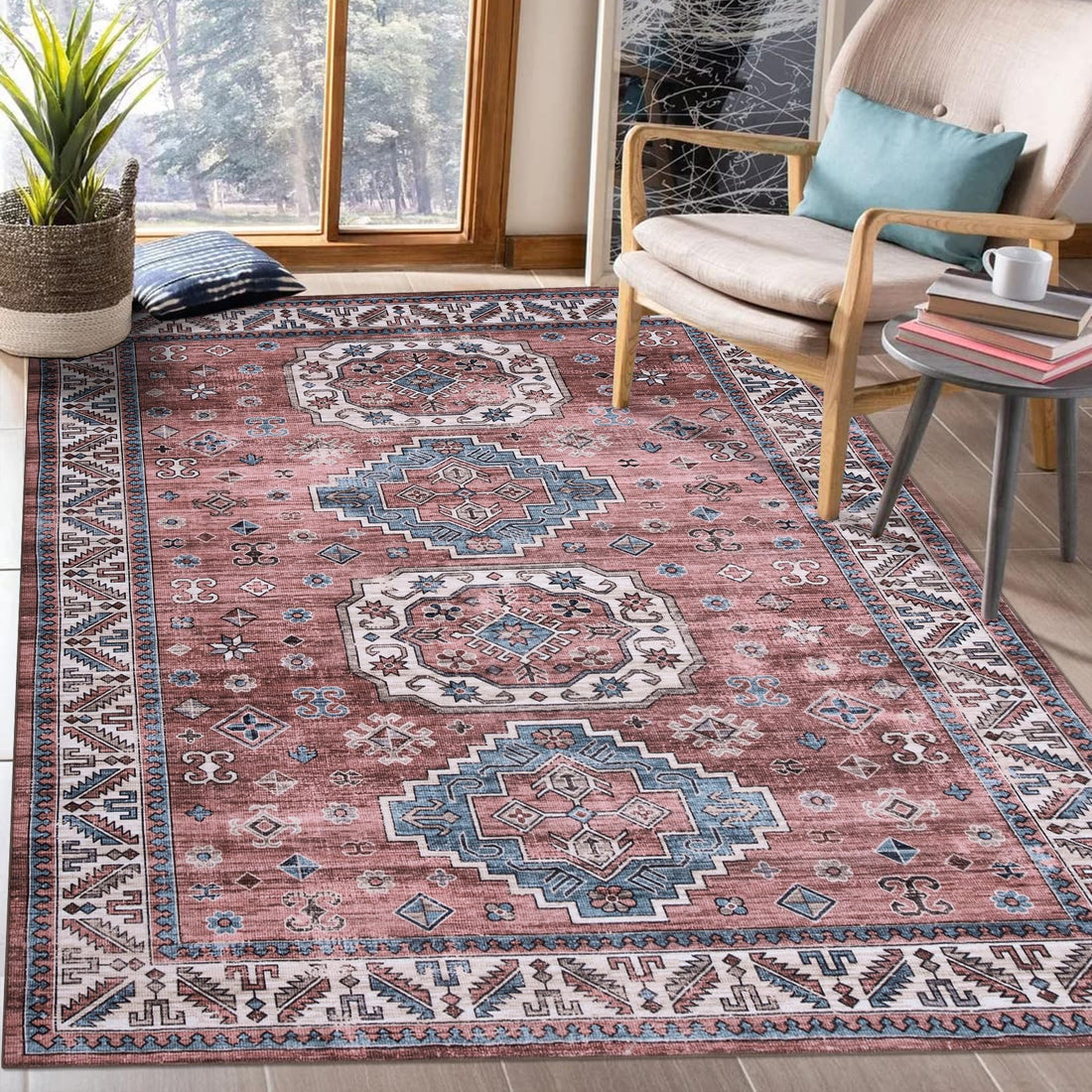 Tappeto vintage per soggiorno Garvee, morbido, lavabile, in stile fattoria orientale, rosa, 120x170 cm