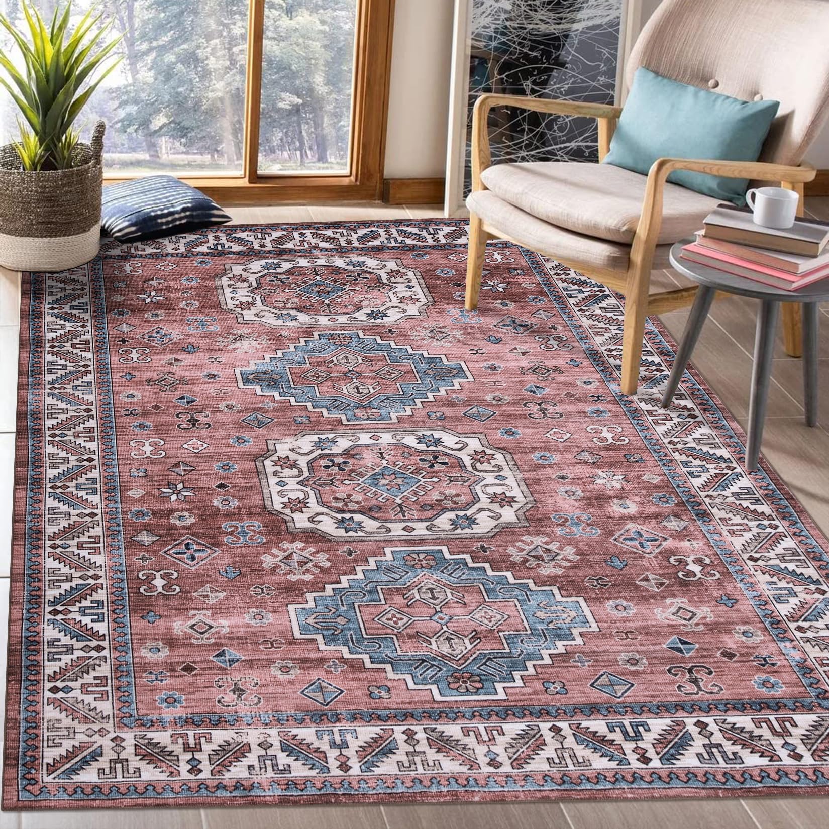 Tappeto vintage per soggiorno Garvee, morbido, lavabile, in stile fattoria orientale, rosa, 120x170 cm