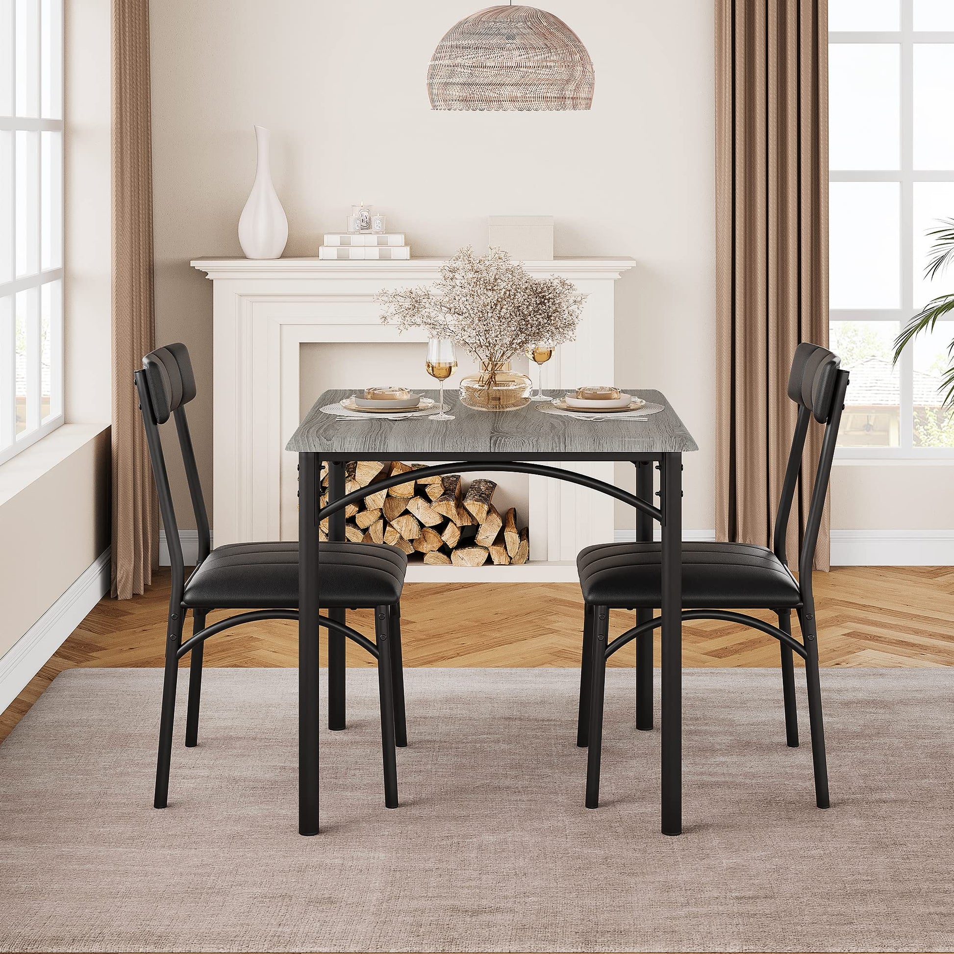 Set da pranzo Garvee per 2 persone con sedie imbottite, tavolo da cucina grigio rustico, MDF e acciaio, salvaspazio, per stanze e appartamenti di piccole dimensioni