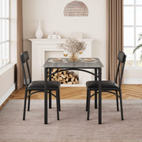 Set da pranzo Garvee per 2 persone con sedie imbottite, tavolo da cucina grigio rustico, MDF e acciaio, salvaspazio, per stanze e appartamenti di piccole dimensioni