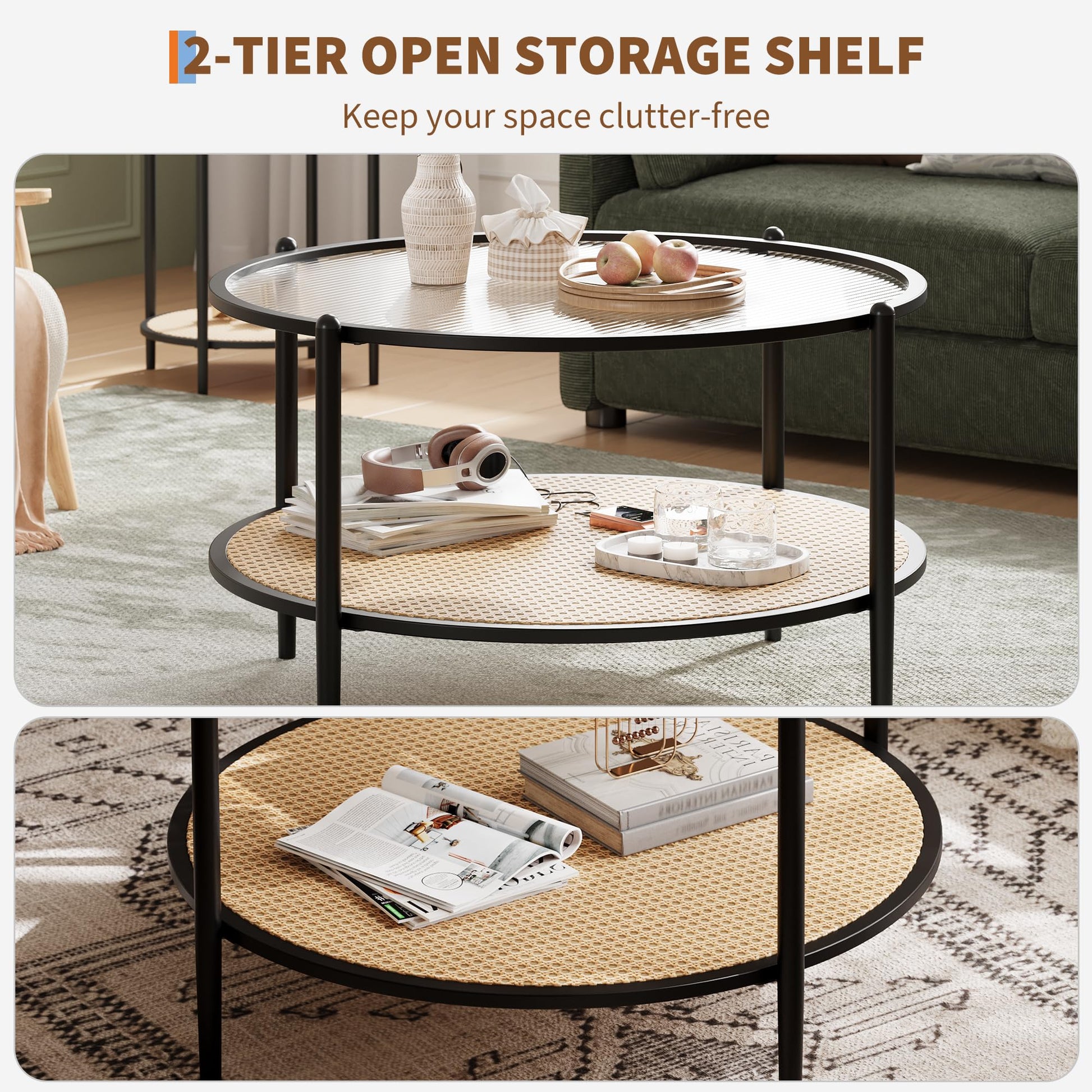 Tavolino da caffè Garvee in rattan da 30" con 2 ripiani, struttura in metallo, piano in vetro effetto onda, nero, soggiorno e ufficio, 30"