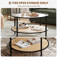 Tavolino da caffè Garvee in rattan da 30" con 2 ripiani, struttura in metallo, piano in vetro effetto onda, nero, soggiorno e ufficio, 30"