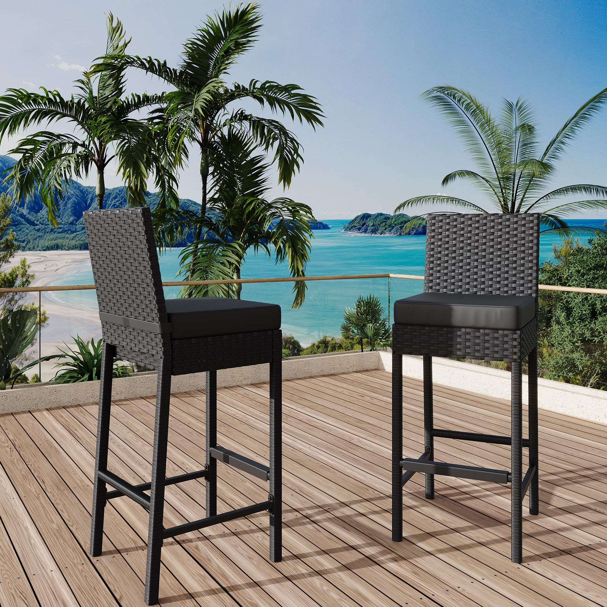 Garvee Wicker Set di 2 sgabelli da bar per esterni ergonomici e robusti in rattan PE e struttura in acciaio per balcone e giardino 16x17,7x40,7 pollici Nero