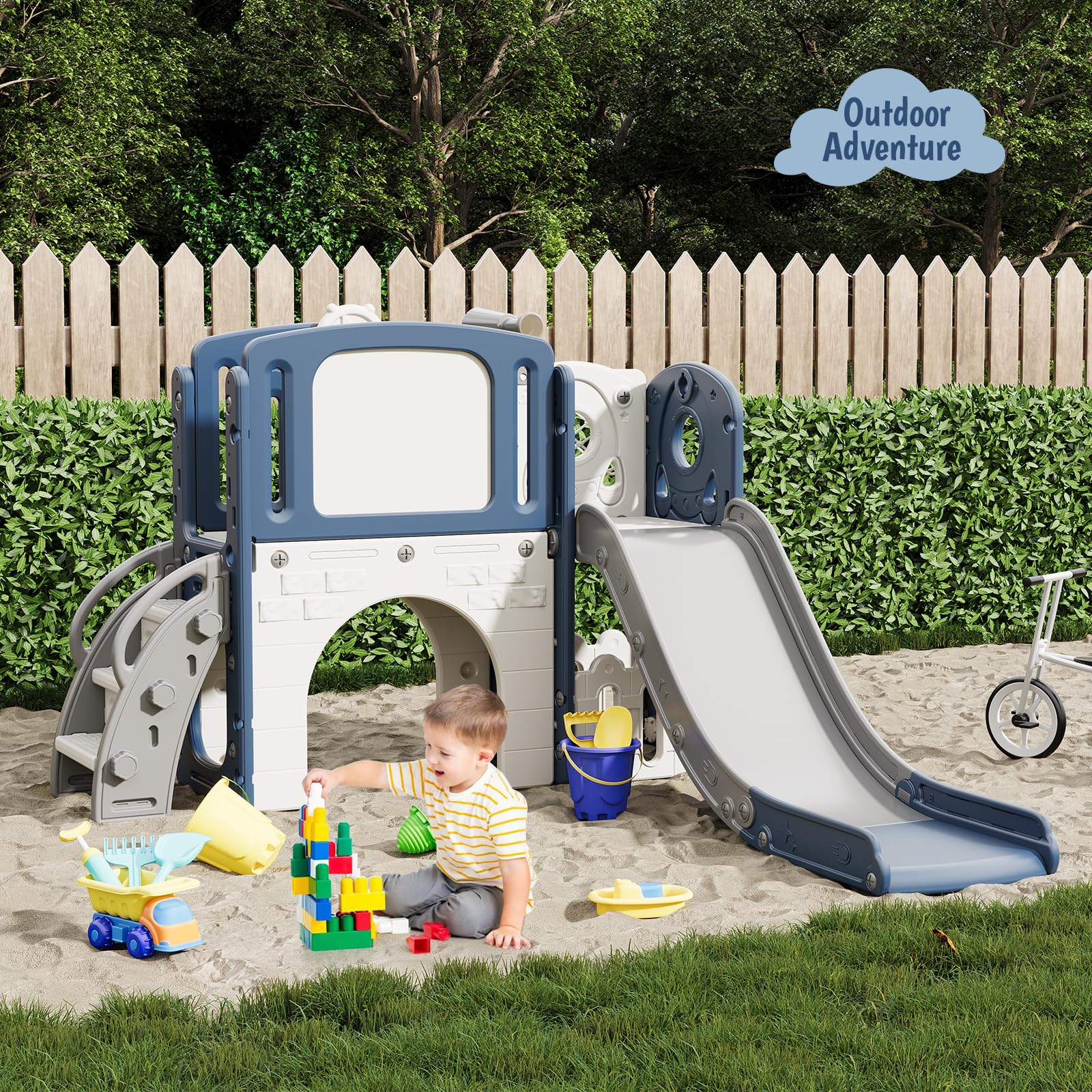 Garvee 8 in 1 Scivolo per bambini, set da gioco per interni ed esterni, con scala di arrampicata e canestro da basket, stabile, sicuro, HDPE, per giardino e soggiorno, colorato