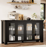 Mobile Buffet Garvee con Ante in Vetro Temperato, Legno Naturale, Nero 150 cm per Sala da Pranzo e Cucina, Robusto, Elegante - Legno Naturale