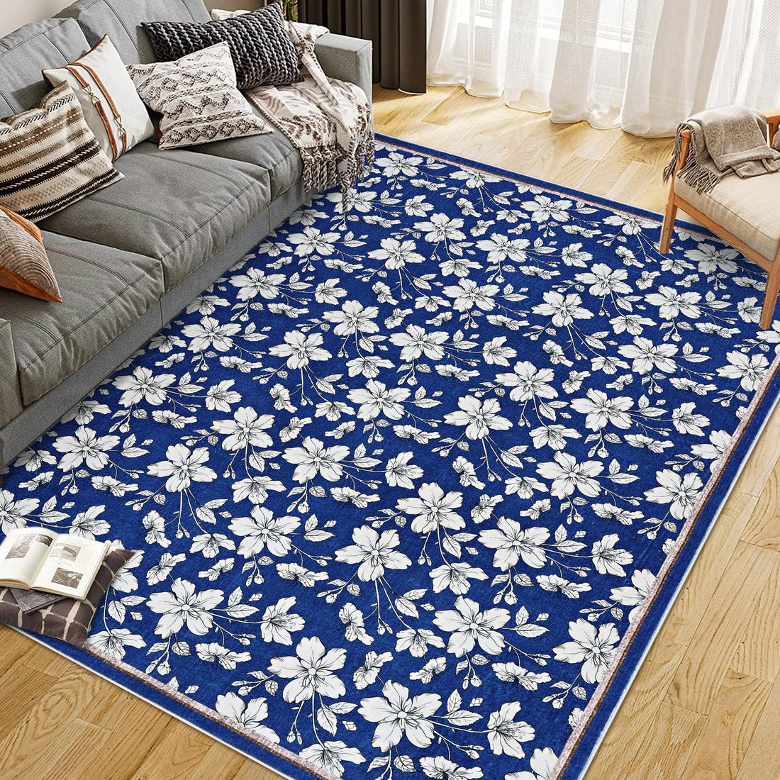 Tappeto Garvee lavabile per soggiorno con motivo floreale vintage, pelo corto, antiscivolo, morbido, 120x170 cm, blu