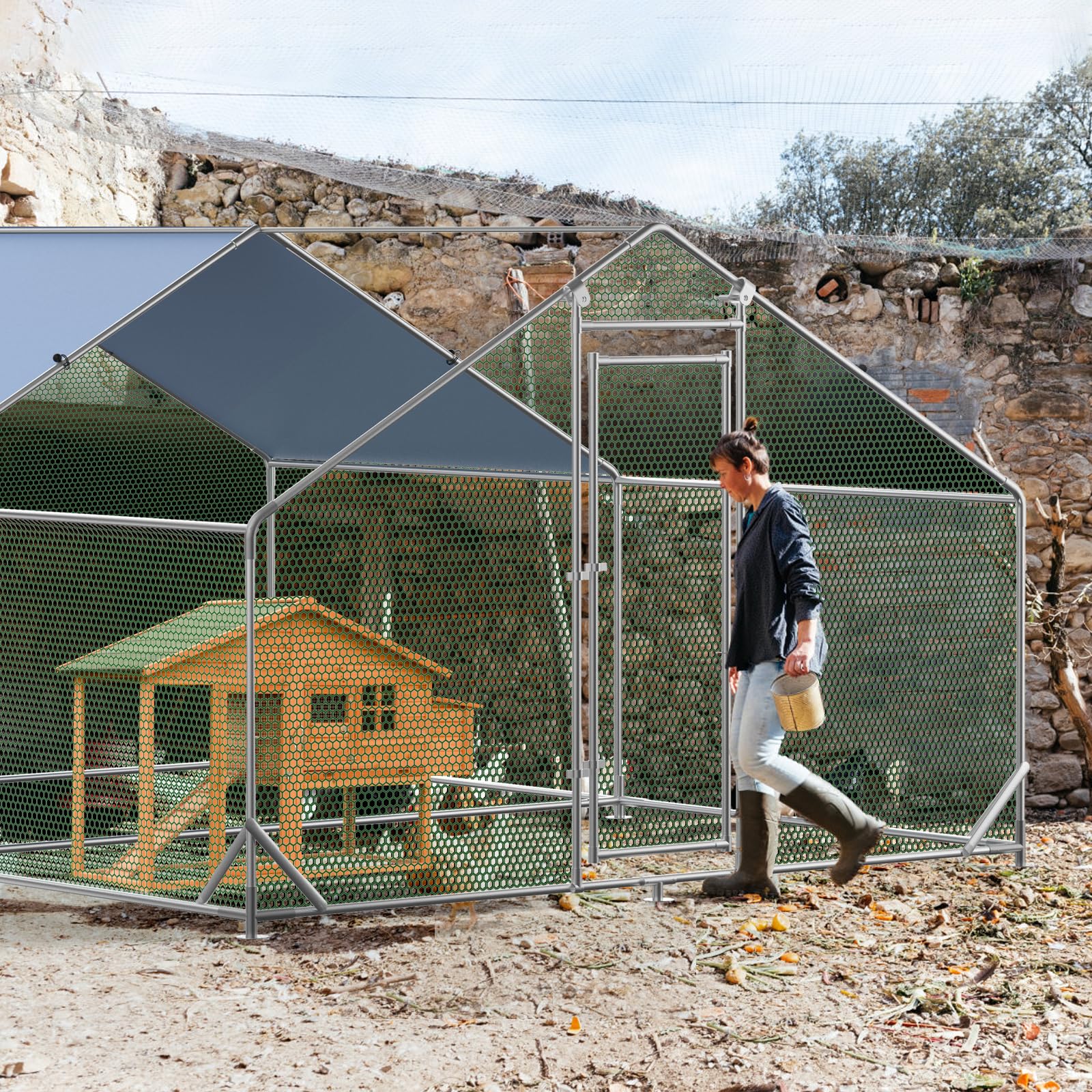 Pollaio in metallo Garvee Large 3 x 4 x 1.95 m – Due scomparti, struttura in tubo di acciaio triplo rinforzato per giardino e fattoria