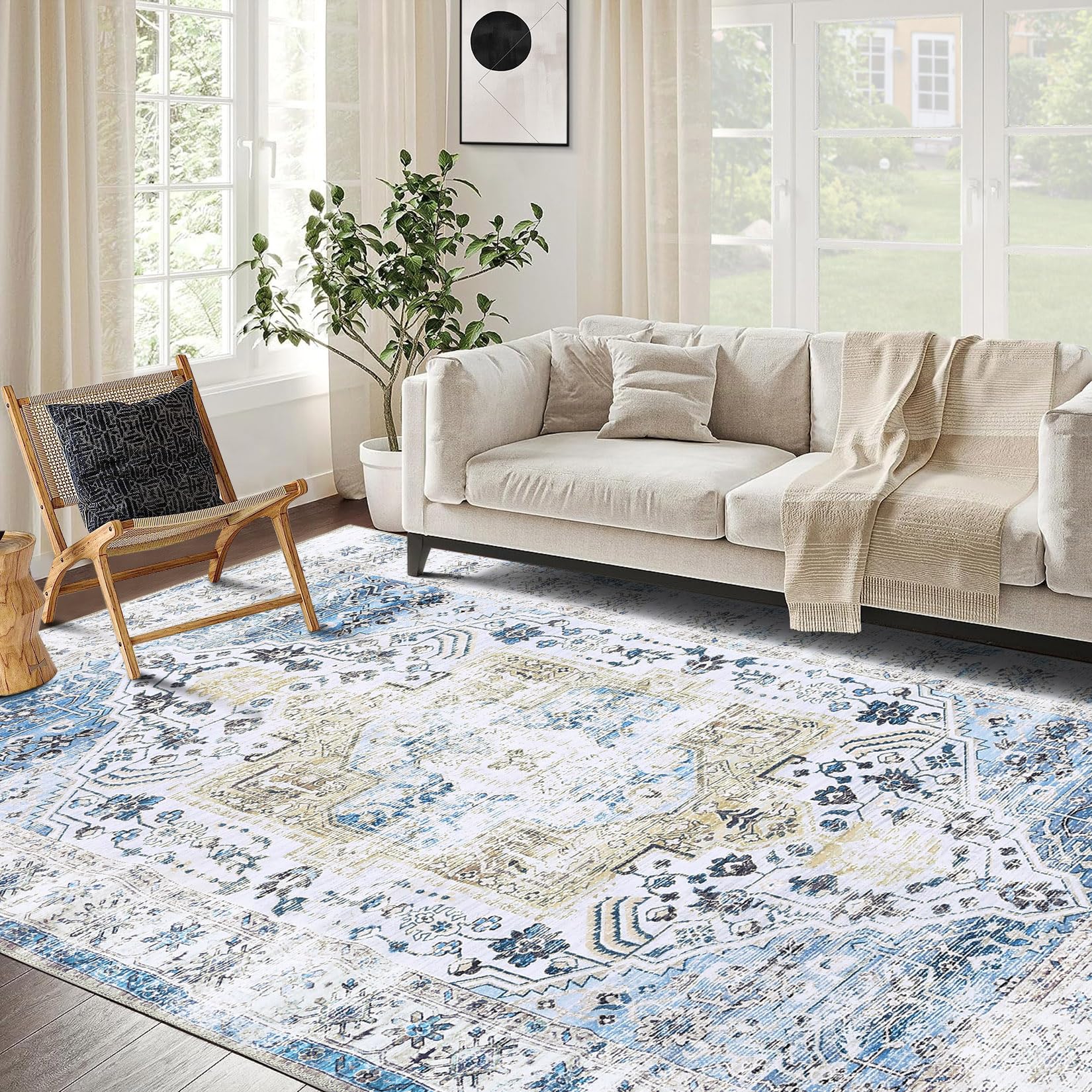 Garvee Machinewasbaar Vintage Vloerkleed Laagpolig Tapijt Blauw 120x170cm Per Slaapkamer Woonkamer Binnen Buiten