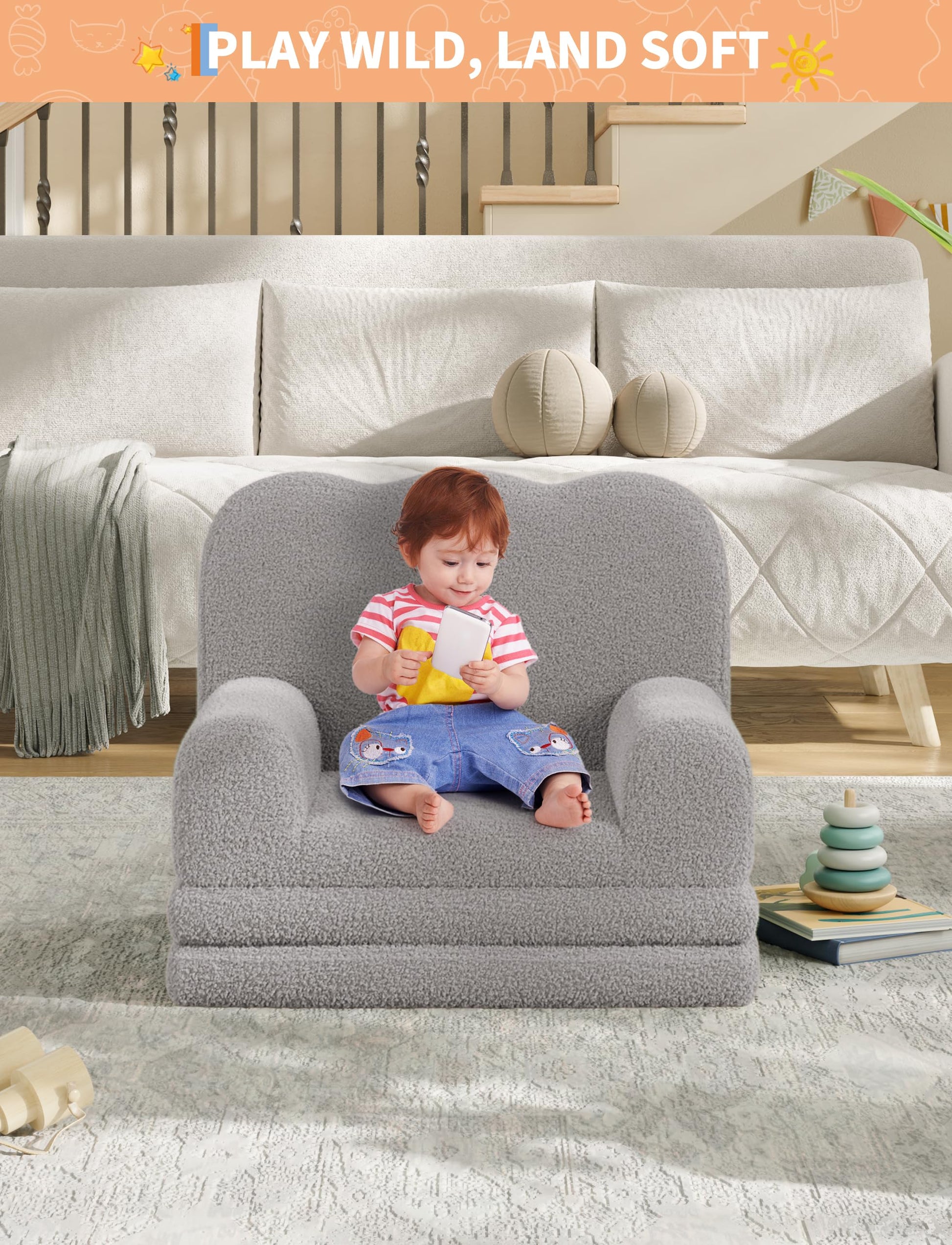 Divano per bambini Garvee 2 in 1 in pile Teddy grigio per sala giochi e cameretta dei bambini pieghevole morbido versatile