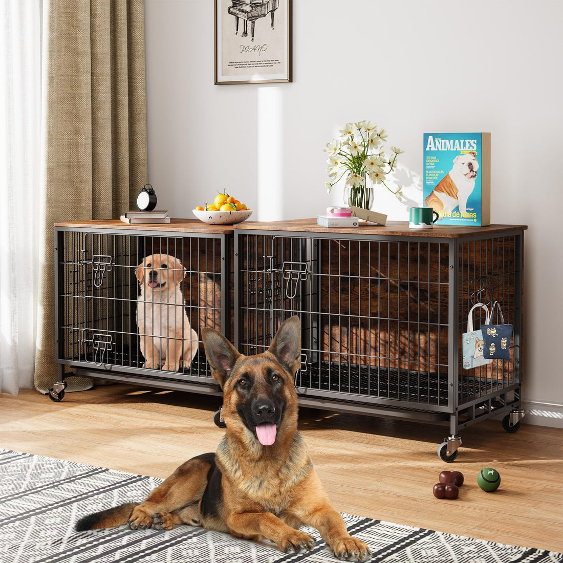 Garvee Dog Crate Furniture 38,6" in legno con ruote e doppie porte per cani di grossa taglia, da interno, stabile, mobile, antiscivolo, in truciolato di legno