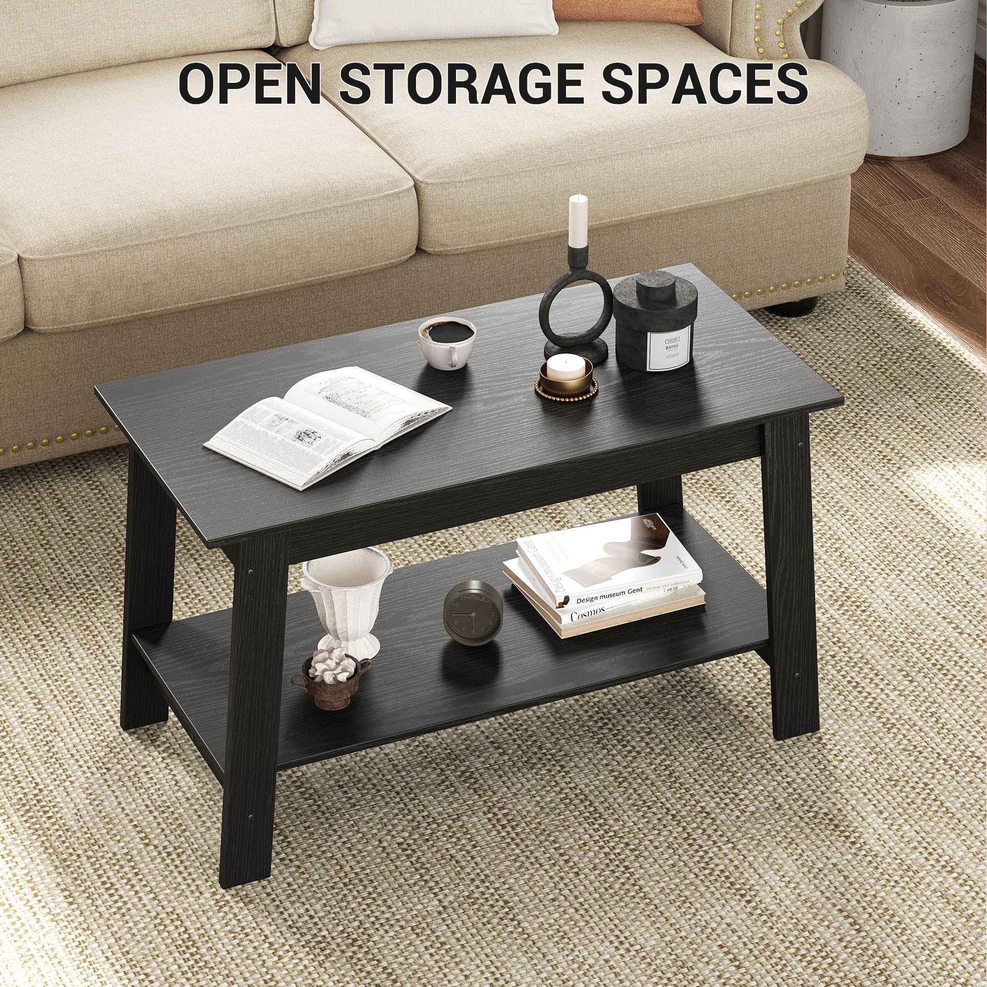 Tavolino rustico Garvee con doppio ripiano, rettangolare, in legno, finitura nera, per soggiorno e ufficio, 31,5x15,4x18,9 pollici
