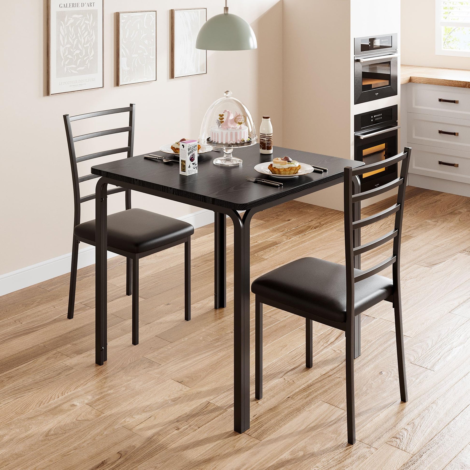 Set da pranzo Garvee da 3 pezzi per 2 persone con sedie imbottite, piano in MDF, salvaspazio, stabile, ideale per cucina e sala da pranzo, design moderno, nero