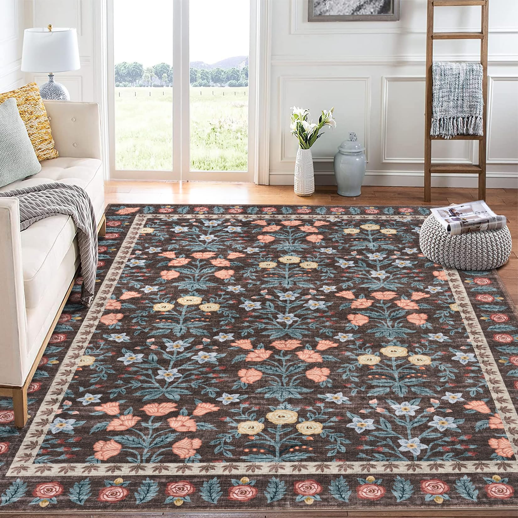 Tappeto decorativo Garvee per interni Boho 160x230cm, antiscivolo, a pelo corto, motivo floreale nero, per soggiorno, cameretta dei bambini, sala giochi