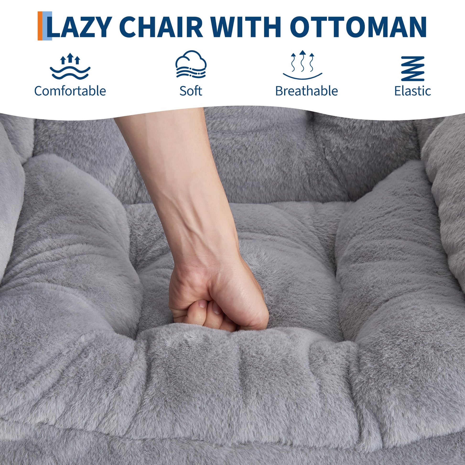Poltrona Garvee Lazy con poggiapiedi, ergonomica e robusta, in pelliccia sintetica di coniglio, grigio chiaro, per soggiorno e ufficio