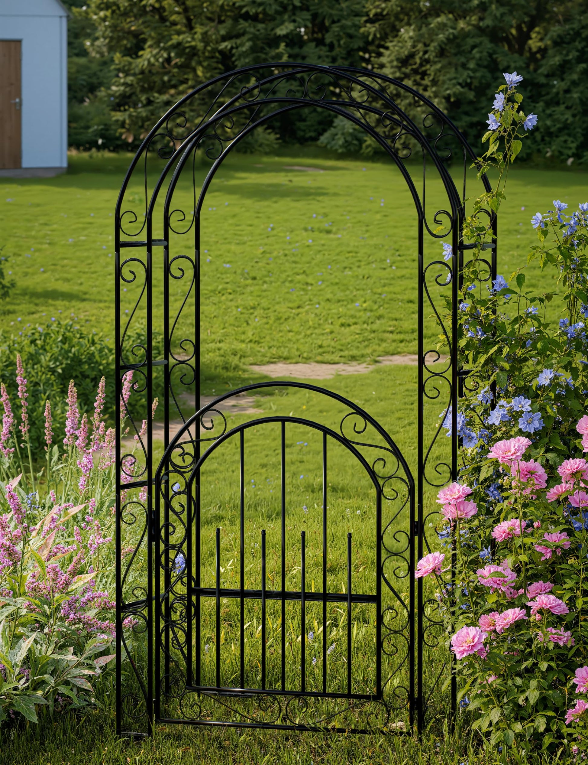 Arco da giardino in acciaio Garvee da 8 piedi, resistente alle intemperie, robusto, elegante, nero, con cancello, ideale per matrimoni e giardino
