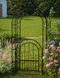 Arco da giardino in acciaio Garvee da 8 piedi, resistente alle intemperie, robusto, elegante, nero, con cancello, ideale per matrimoni e giardino