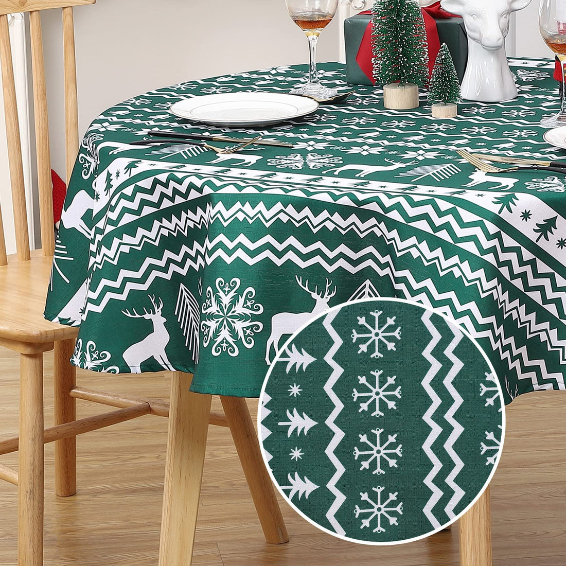 Tovaglia natalizia rotonda Garvee da 60 pollici, verde, idrorepellente, resistente alle macchie, 100% poliestere, motivo fiocchi di neve e renne, per feste di Natale e casa