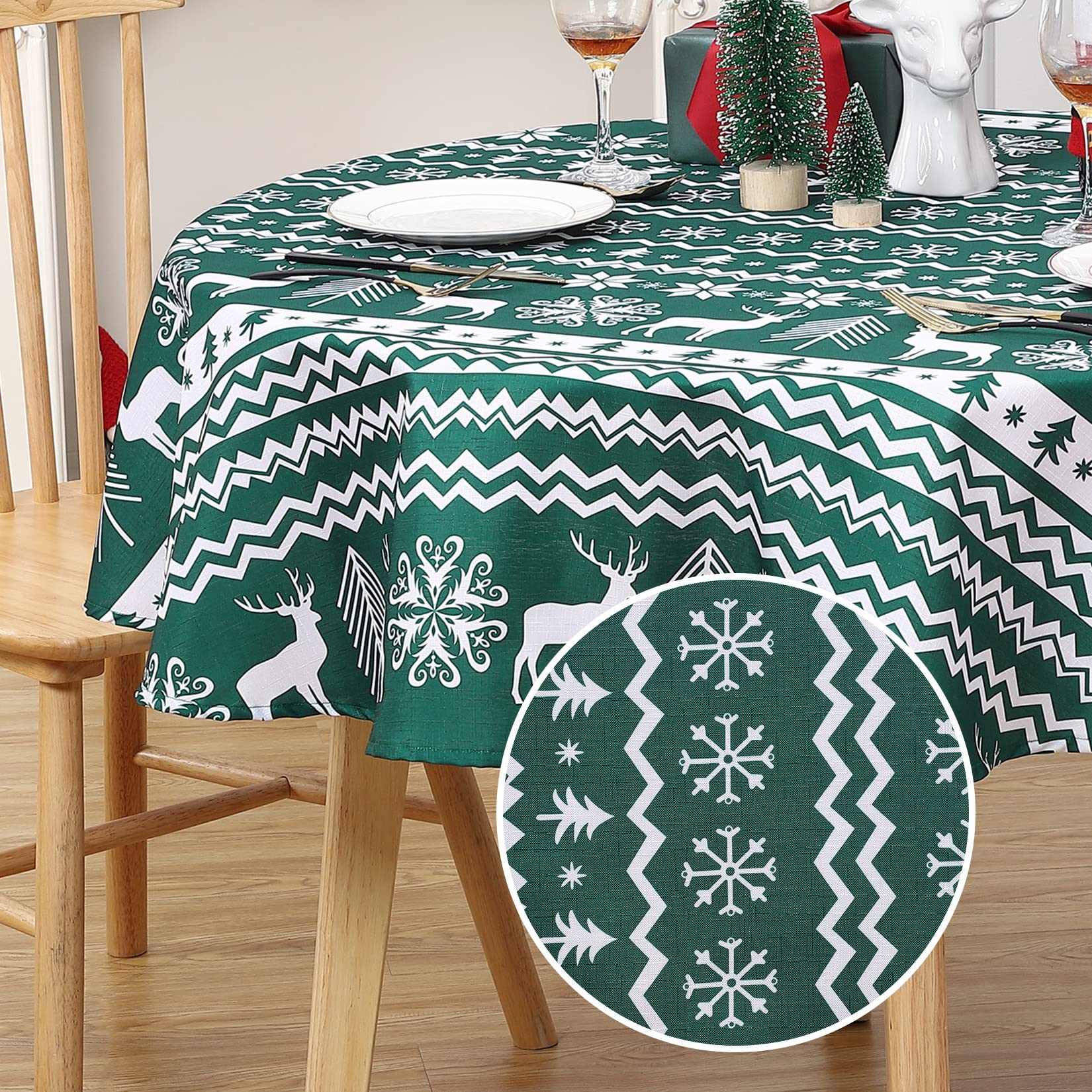 Tovaglia natalizia rotonda Garvee da 60 pollici, verde, idrorepellente, resistente alle macchie, 100% poliestere, motivo fiocchi di neve e renne, per feste di Natale e casa