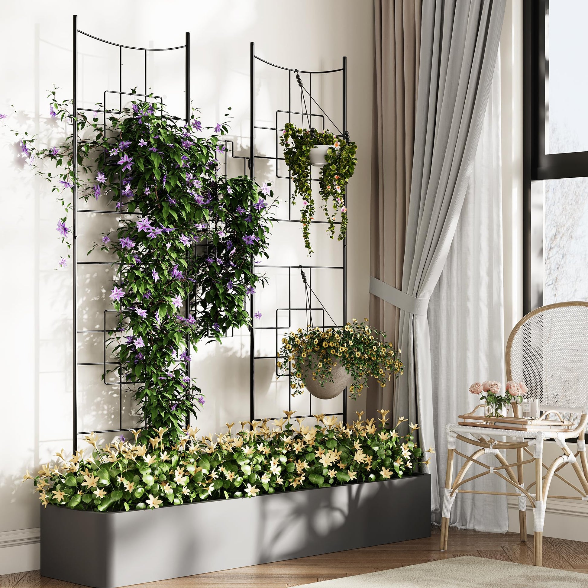 Garvee Set di 2 tralicci da giardino in metallo per piante rampicanti, 75"x20", antiruggine, verniciato a polvere, 4 pannelli, patio e giardino, nero