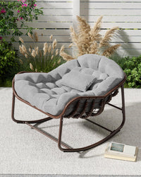 Sedia a dondolo Papasan da esterno Garvee, sedia a sdraio in rattan di grandi dimensioni con struttura in acciaio per balcone e giardino, grigia