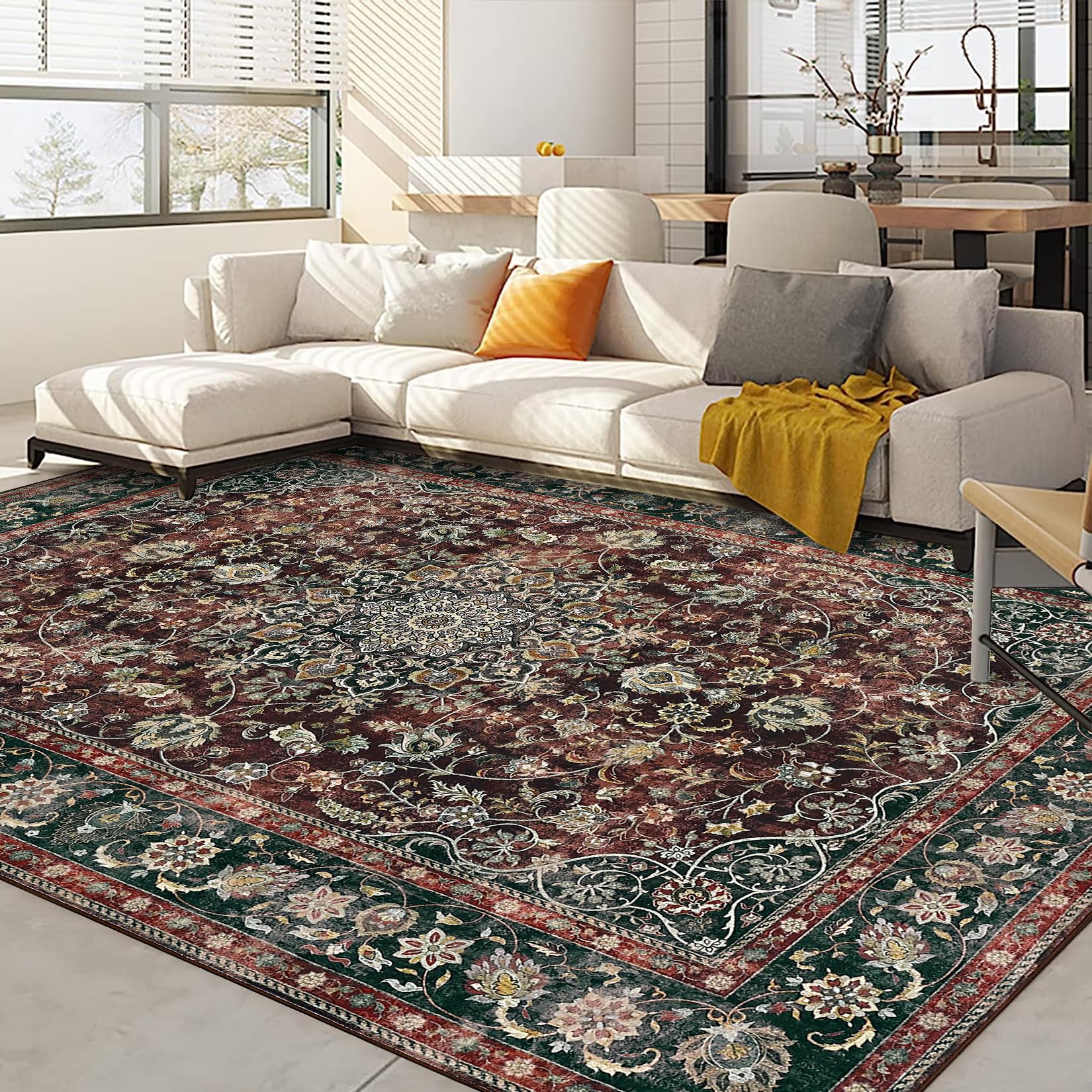 Tappeto per soggiorno Garvee 120x170cm, marrone rossiccio, vintage, lavabile, antiscivolo, per cucina, corridoio, sala da pranzo