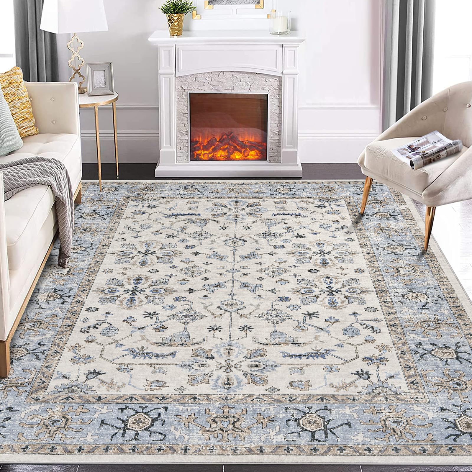 Tappeto lavabile Garvee, tappeto di ispirazione vintage, motivo floreale classico, 160x230 cm, morbido cotone cashmere, stile boho
