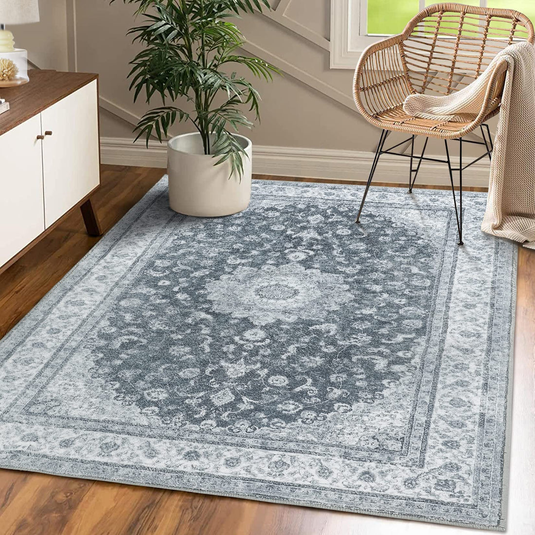 Garvee Teppich Vintage Kurzflor Läufer Waschbar Rutschfest Polyester Grau-Schwarz 160x230 cm Wohnzimmer Küche
