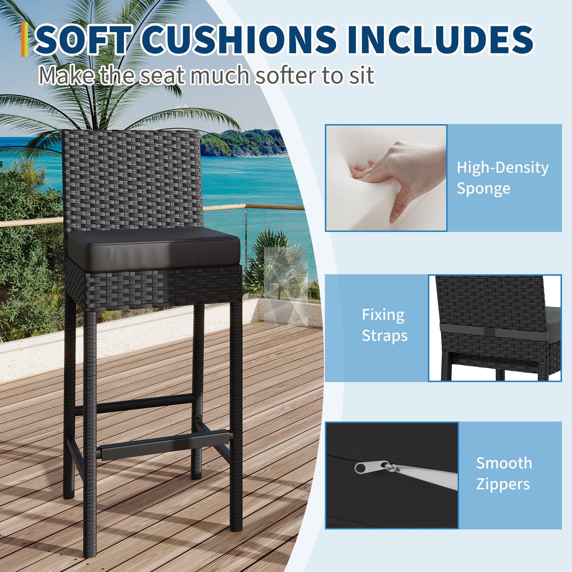 Set di 4 sgabelli da bar per esterni in vimini Garvee - Ergonomici e robusti - Struttura in rattan PE e acciaio - Per giardino e patio - 16''x17,7''x40,7'' - Nero resistente alle intemperie