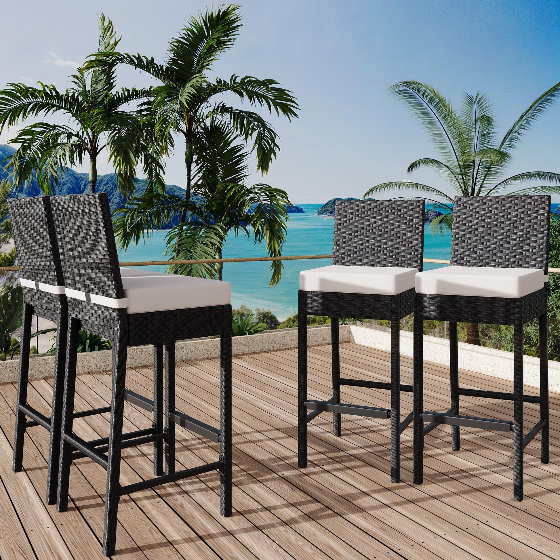 Set di 2 sgabelli da bar per esterni in vimini Garvee - Ergonomici e resistenti alle intemperie - Struttura in rattan PE e acciaio - Altezza seduta 28" - Per giardino e patio - Nero