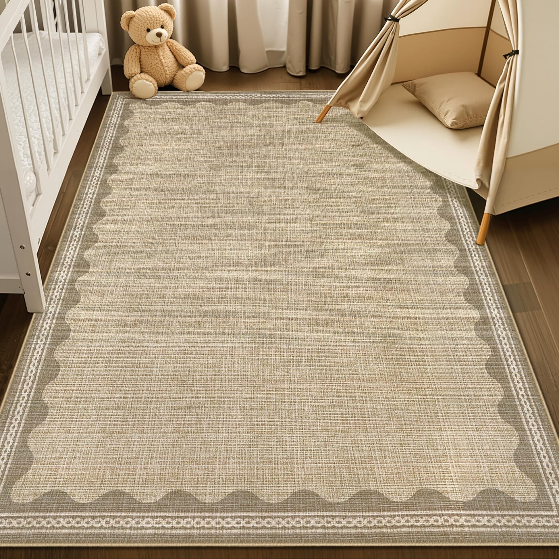 Tappetino lavabile per interni Garvee 80 x 150 cm, tappeto antiscivolo con moderno motivo a onde per soggiorno e camera da letto, colore lino, pelo corto