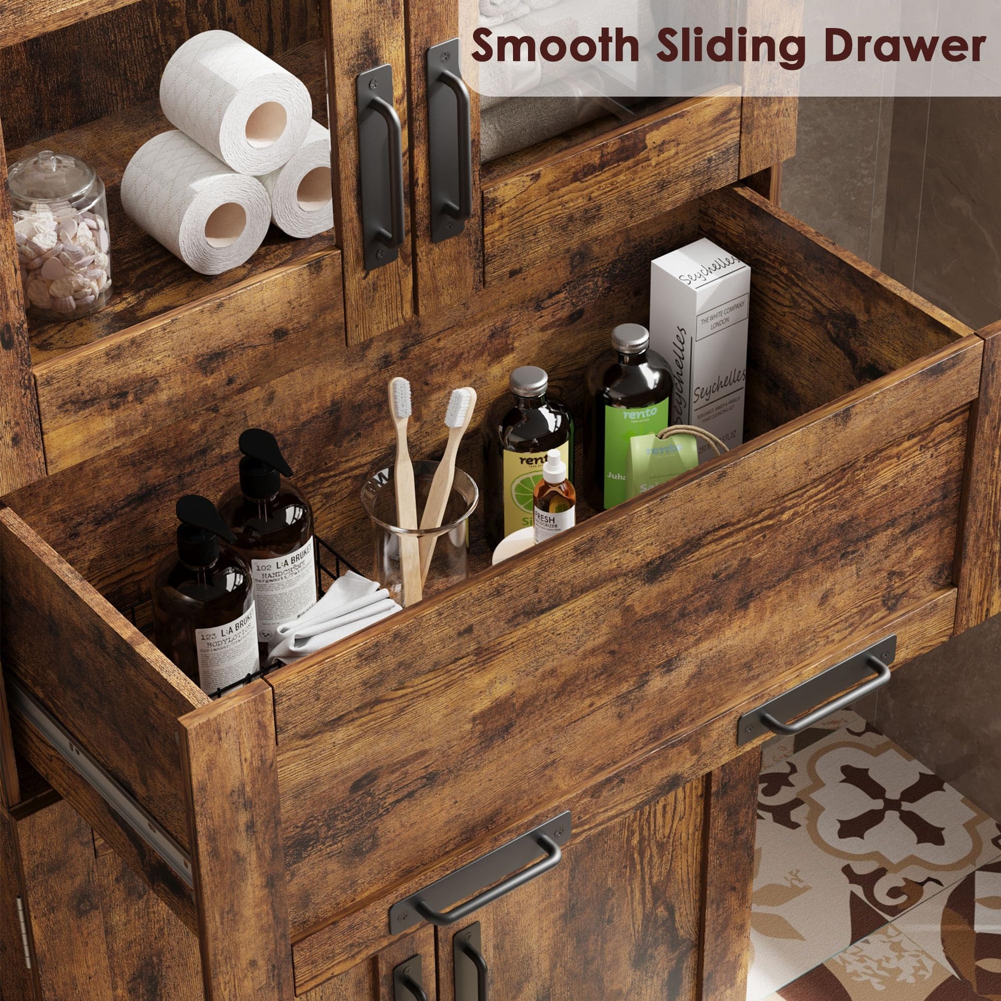 Mobiletto da bagno alto Garvee da 67" con 4 ante e cassetto in vetro per bagno e cucina, ripiani regolabili, marrone rustico, MDF, robusto e moderno