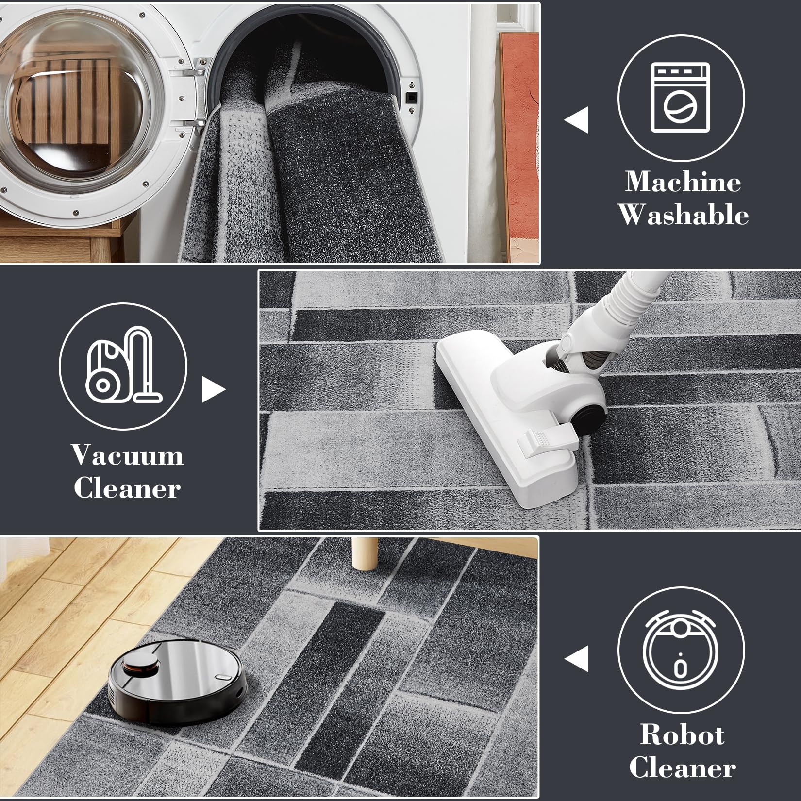 Tappeto moderno lavabile Garvee 160 x 230 nero a pelo corto antiscivolo per soggiorno, camera da letto, cucina