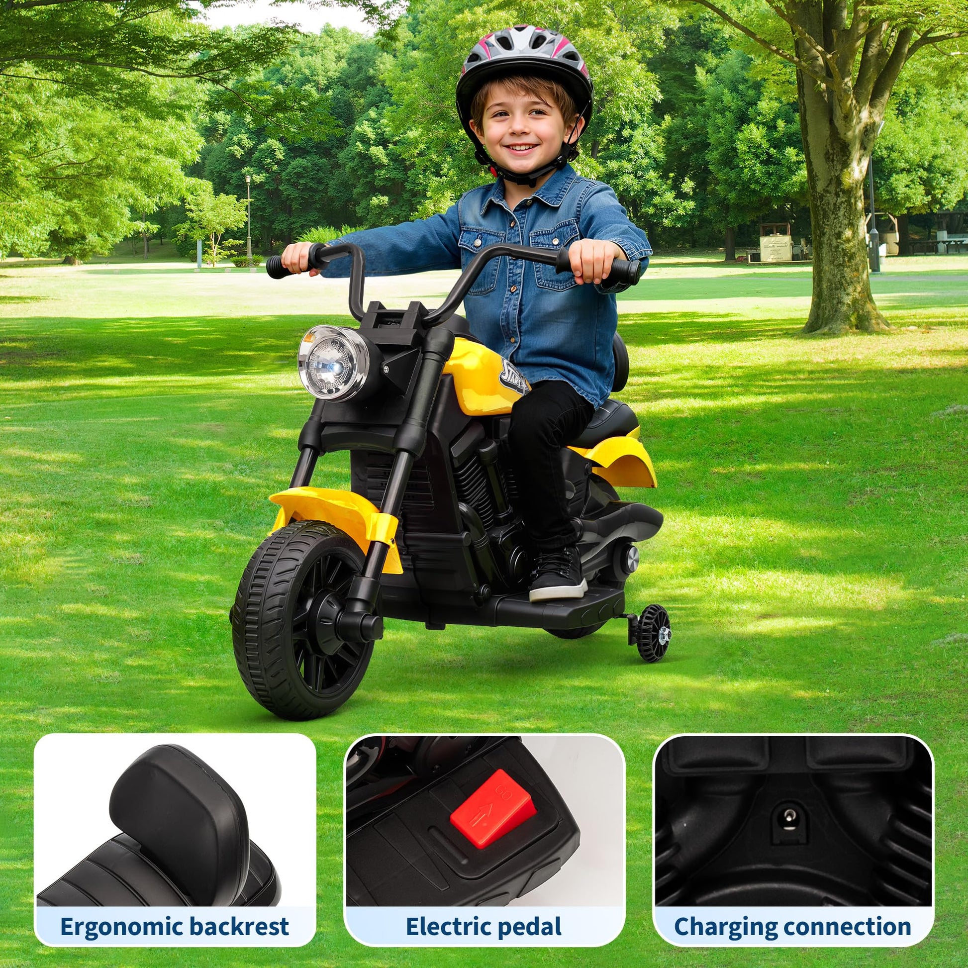 Moto elettrica Garvee per bambini 6V con avviamento graduale, sospensioni, 2 rotelle di allenamento per 18-36 mesi, musica e luci