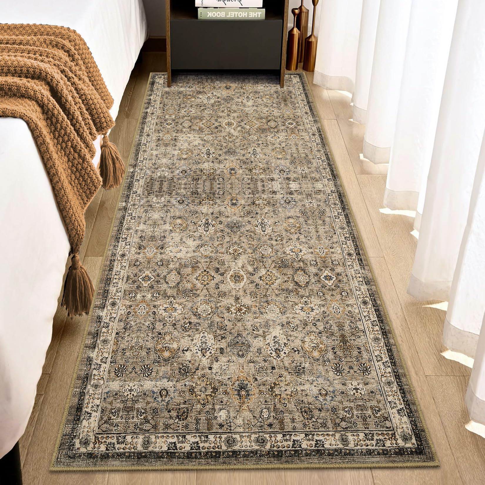 Tappeto vintage Garvee 80x150cm, lavabile, antiscivolo, stile boho, per soggiorno, camera da letto, sala da pranzo, beige