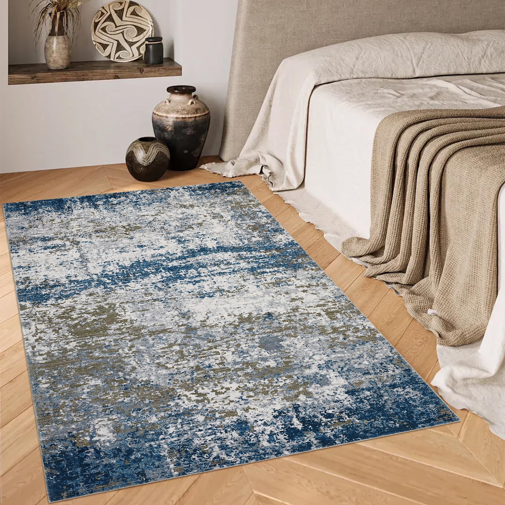 Tappeto lavabile per camera da letto Garvee 80x150 cm Tappeto astratto a pelo corto blu per soggiorno e camera da letto