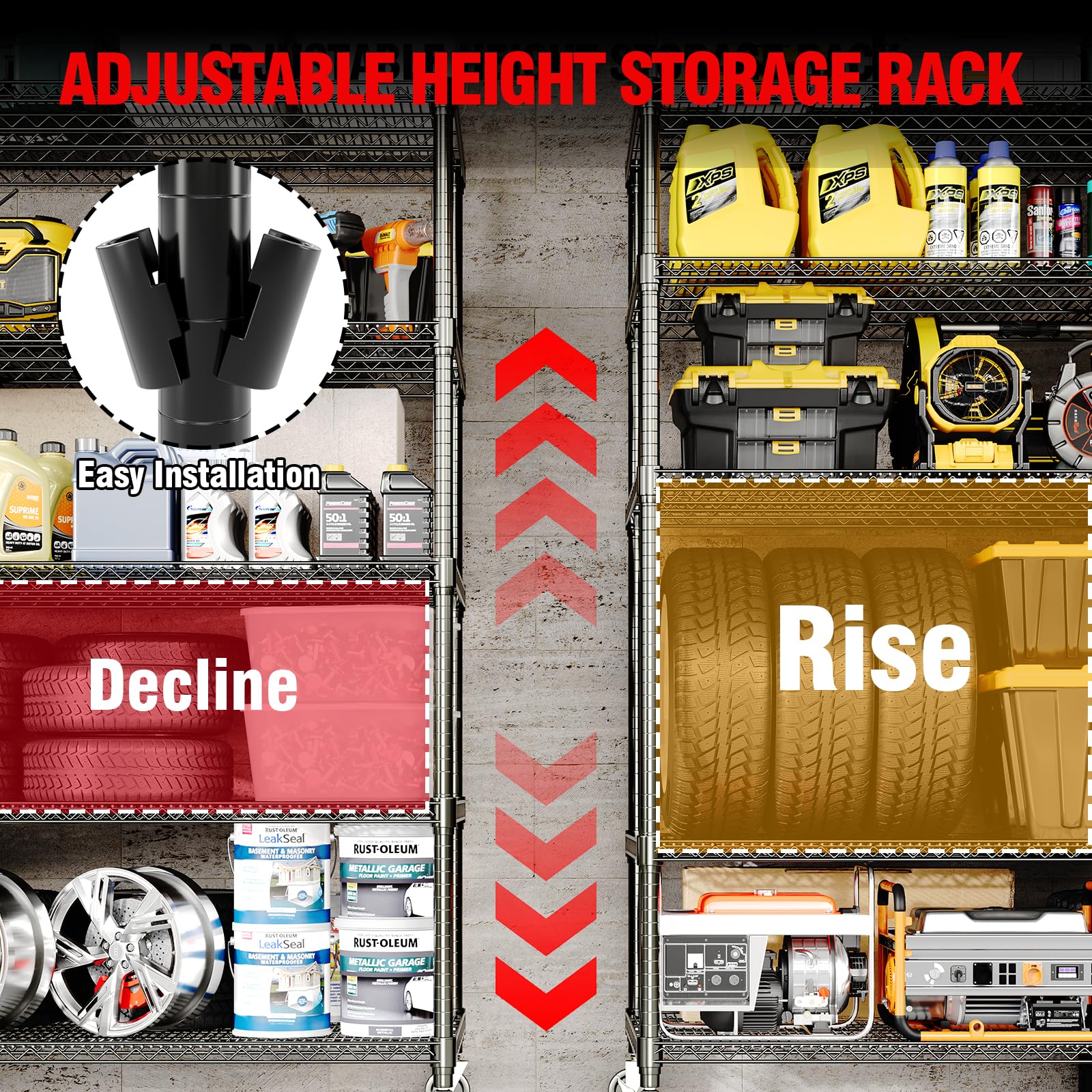 Scaffalatura metallica per carichi pesanti Garvee, 5 ripiani, capacità di carico 3300 libbre, altezza regolabile, acciaio, ruote e piedini fissi per garage e magazzino, grande, colore acciaio