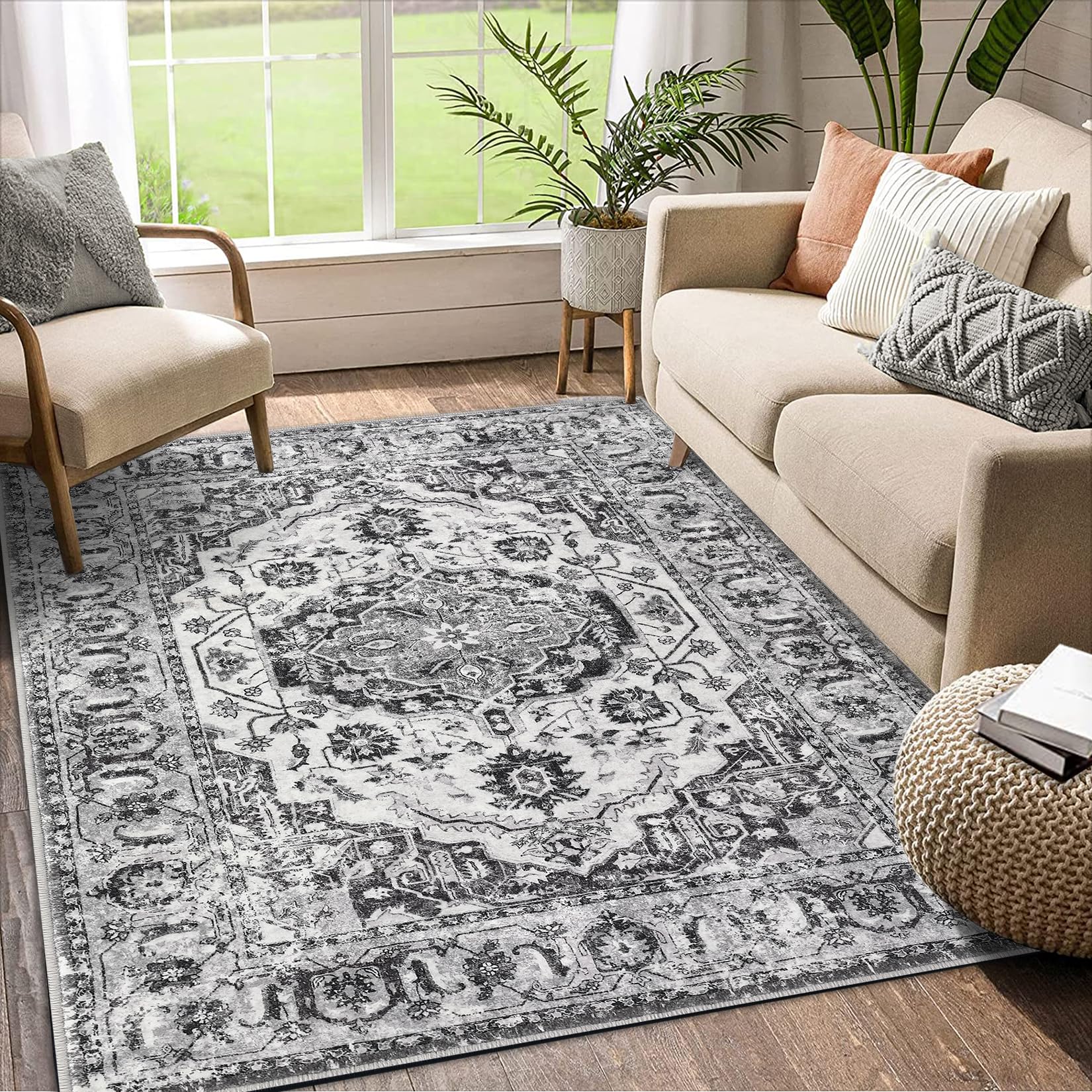 Tappeto GARVEE Classic Vintage Tradition, antiscivolo, resistente all'acqua e alle macchie, lavabile, per interni ed esterni, 160 x 230 cm, grigio