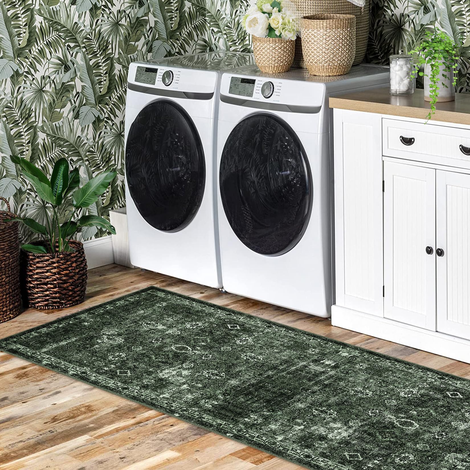 Tappeto antiscivolo a pelo corto Garvee Boho per cucina, corridoio, camera da letto, 80x150 cm, verde scuro vintage